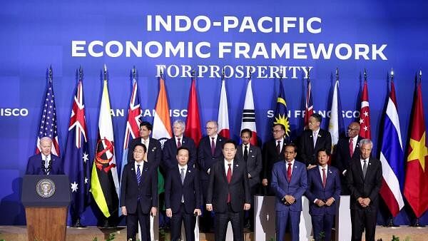 <div class="paragraphs"><p>Joe Biden delivers remarks as other nation's representatives in the IPEF bloc, including India's Union Commerce and Industry Minister Piyush Goyal look on&nbsp;at the Indo-Pacific Economic Framework (IPEF) in 2023.</p></div>