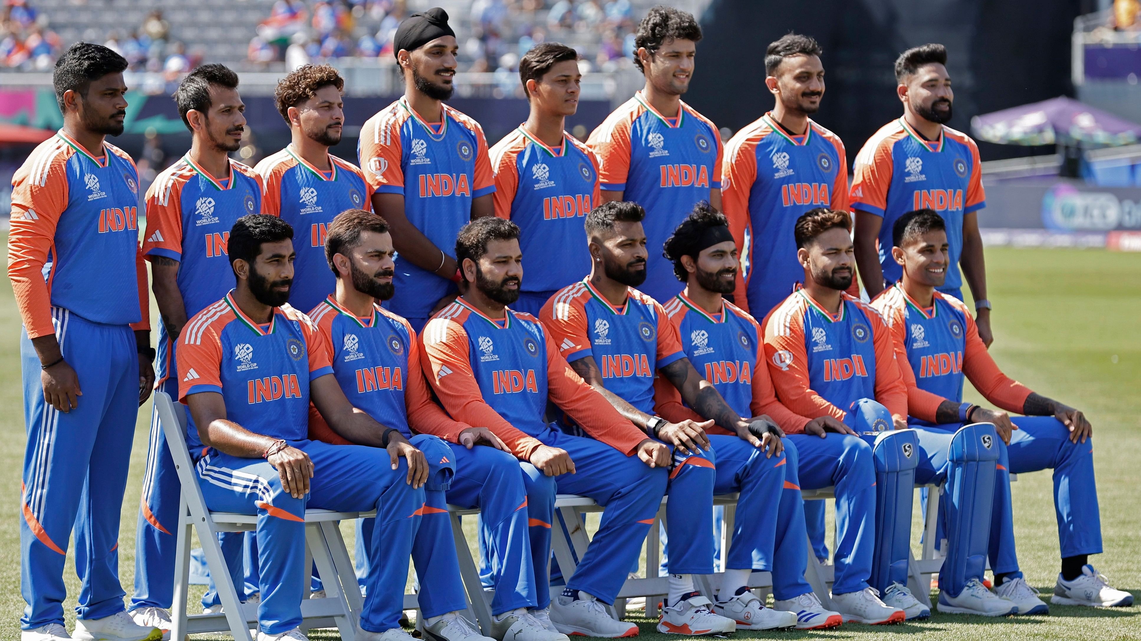 <div class="paragraphs"><p>Players of team India pose for a group photograph before the start of the ICC Men's T20 World Cup cricket match between United States and India at the Nassau County International Cricket Stadium in Westbury, New York, Wednesday, June 12, 2024.</p></div>