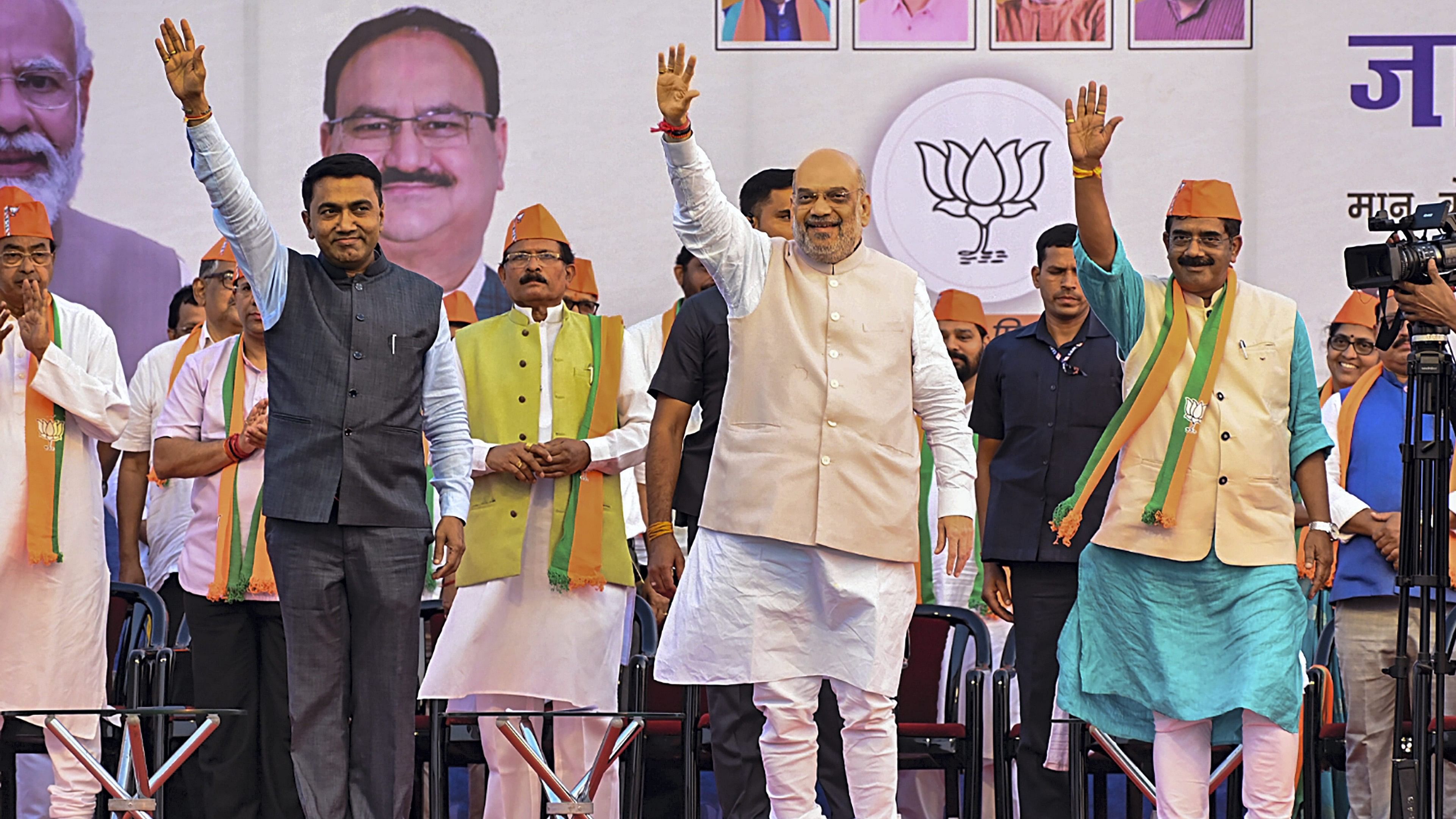 <div class="paragraphs"><p>Union Home Minister Amit Shah with Goa Chief Minister Pramod Sawant during a public meeting at Farmagudi, Ponda in Goa.</p></div>