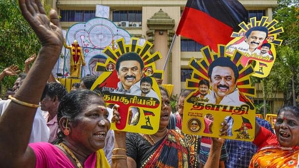 <div class="paragraphs"><p>DMK supporters celebrate the party's lead during counting of votes for Lok Sabha elections, at party headquarters, Anna Arivalayam, in Chennai.</p></div>