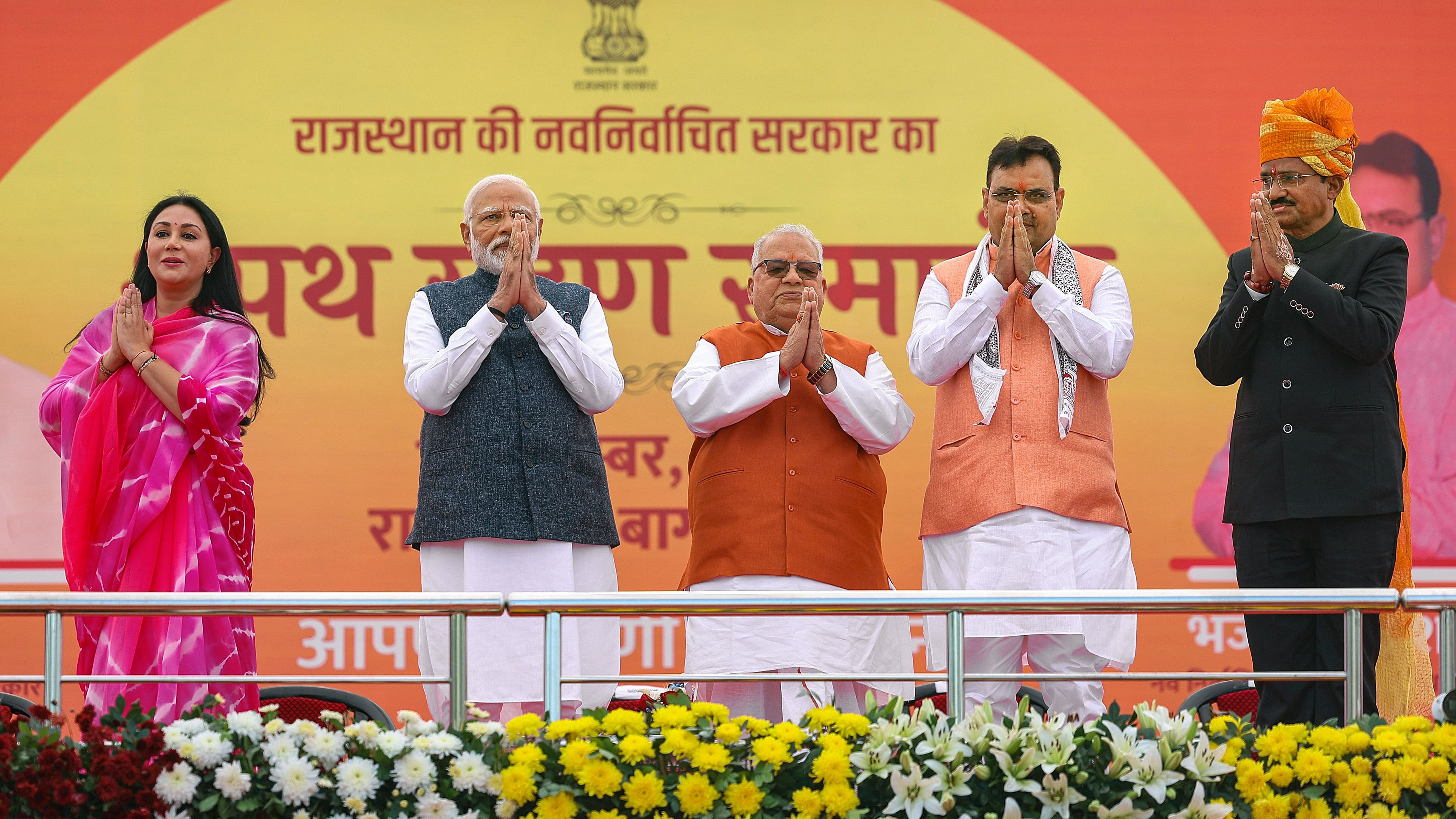 <div class="paragraphs"><p> Narendra Modi with Rajasthan Governor Kalraj Mishra, CM Bhajan Lal Sharma and his deputies Diya Kumari and Prem Chand Bairwa.</p></div>