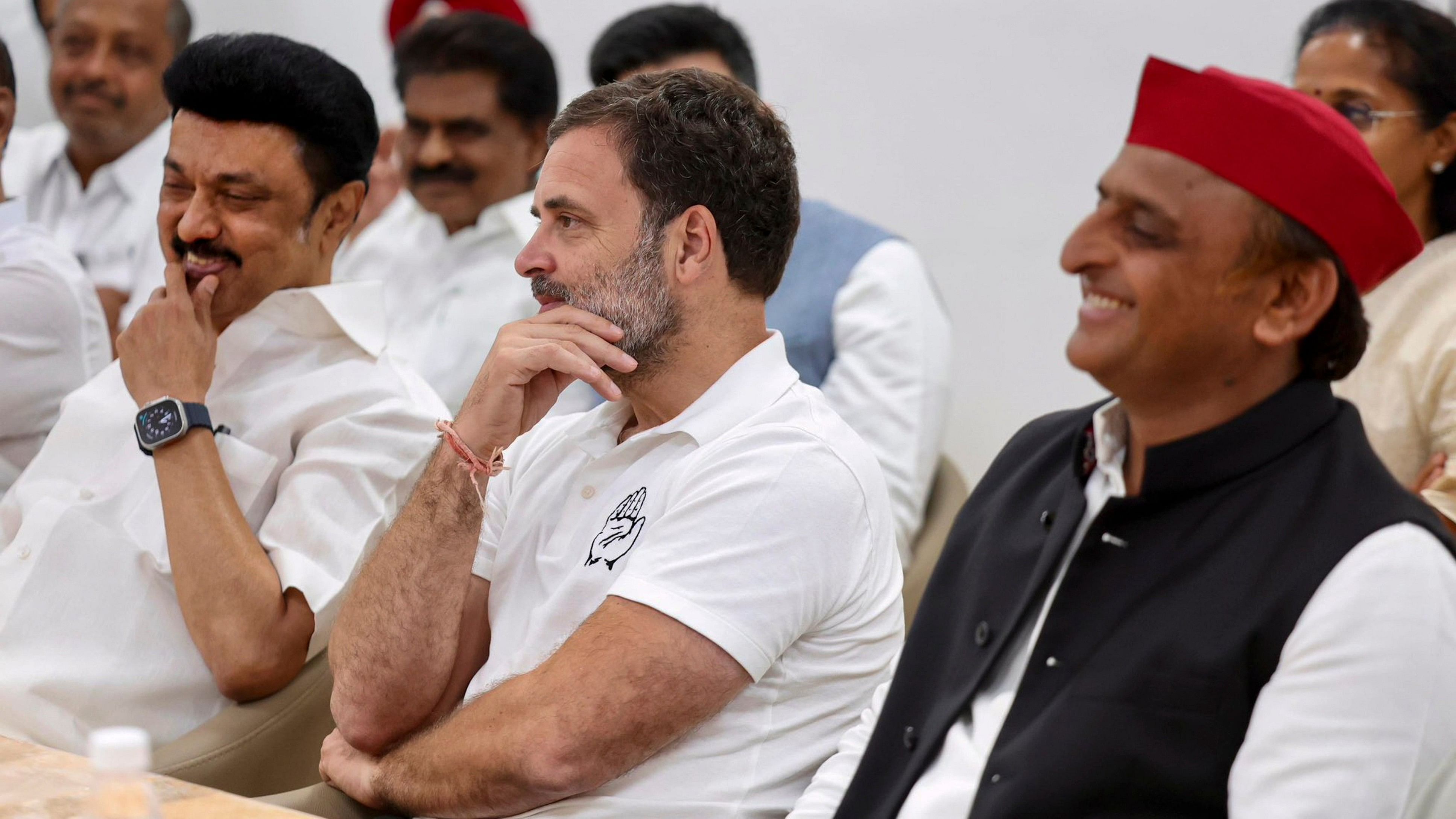 <div class="paragraphs"><p>Congress leader Rahul Gandhi, Samajwadi Party President Akhilesh Yadav and DMK leader MK Stalin at the I.N.D.I.A. bloc leaders meeting.</p></div>