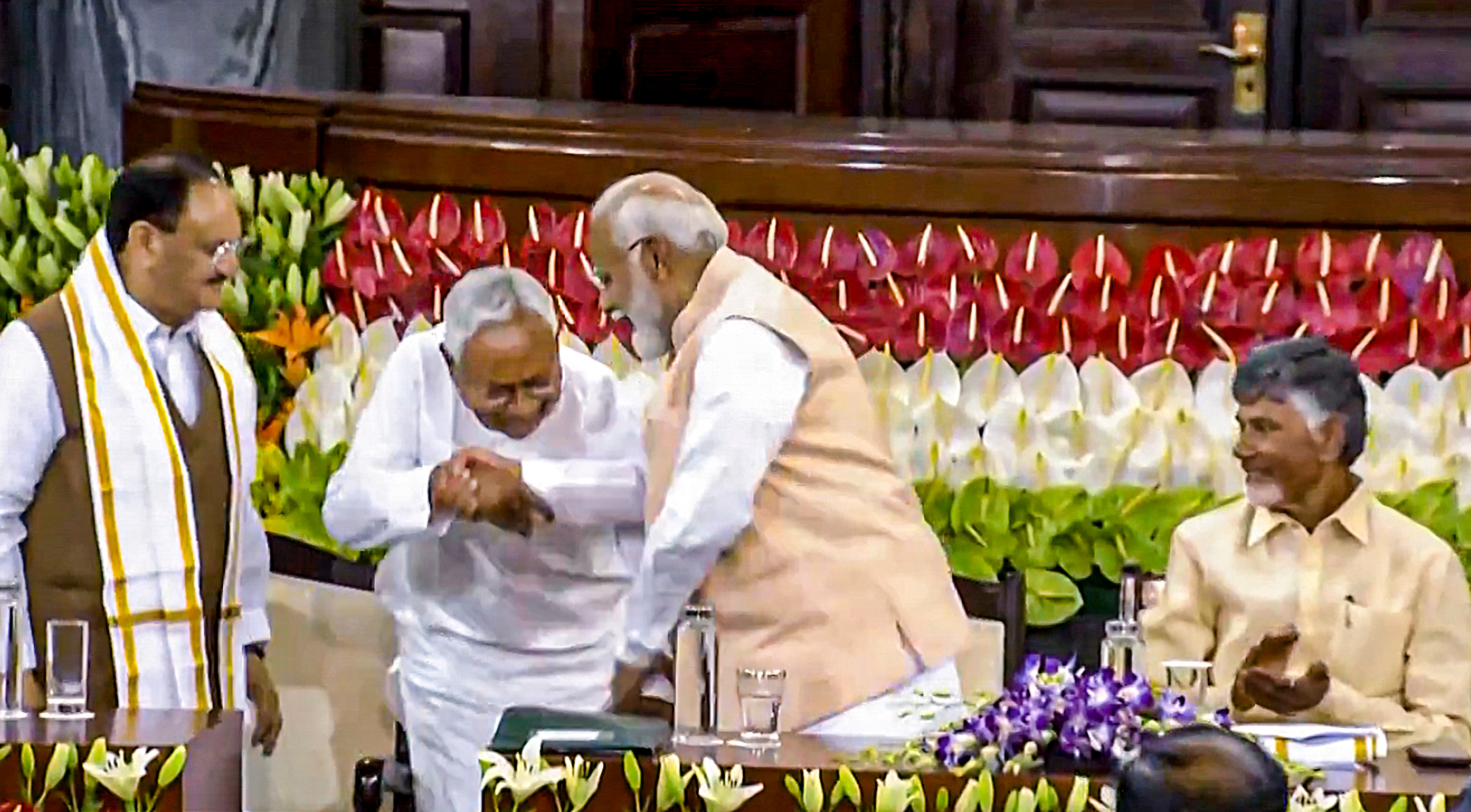 <div class="paragraphs"><p> Senior BJP leader Narendra Modi with Bihar CM and JD(U) leader Nitish Kumar during the NDA parliamentary party meeting at Samvidhan Sadan, in New Delhi, Friday, June 7, 2024. BJP National President J.P. Nadda and TDP chief N. Chandrababu Naidu are also seen. </p></div>