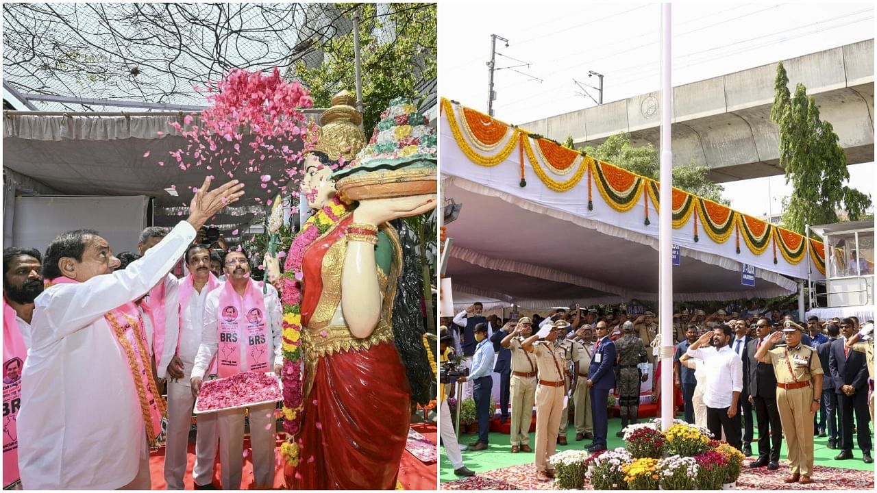 <div class="paragraphs"><p>KCR during celebrations of Telangana Formation Day, at Telangana Bhavan(L) and&nbsp;Revanth Reddy hoists the national flag during celebrations of Telangana Formation Day.</p></div>