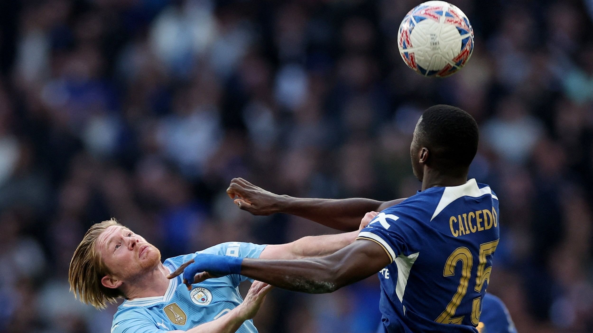 <div class="paragraphs"><p>Manchester City's Kevin De Bruyne and Chelsea's Moises Caicedo vie for the ball during their FA Cup semifinal encounter in the recently concluded 2023-24 season.</p><p>The two teams face each other on August 18 in their Premier League opener for the upcoming season.</p></div>