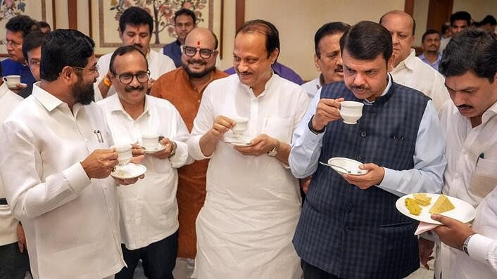 <div class="paragraphs"><p>Maharashtra CM Eknath Shinde along with deputies Devendra Fadnavis and Ajit Pawar during a tea party ahead of last year's Maharashtra assembly monsoon session, in Mumbai. (Representative Image)</p></div>