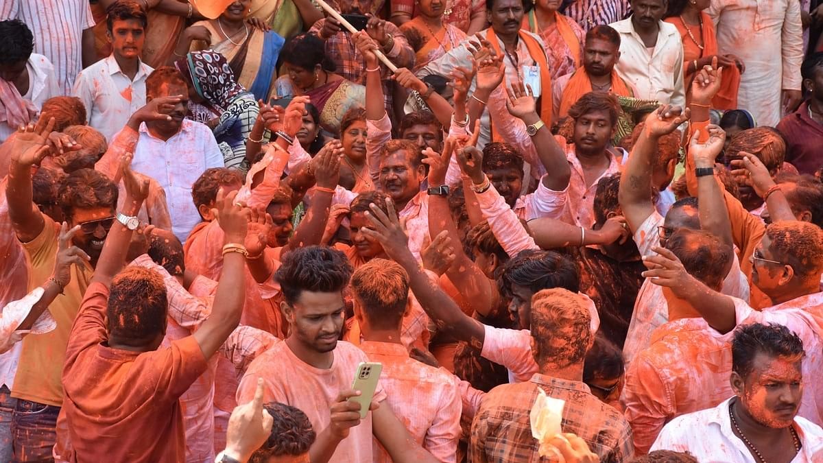 <div class="paragraphs"><p>BJP workers celebrate by throwing ‘gulal’ on each other, following the victory of the party candidate from Bijapur seat Ramesh Jigajinagi, in Vijayapura on Tuesday.&nbsp; </p></div>