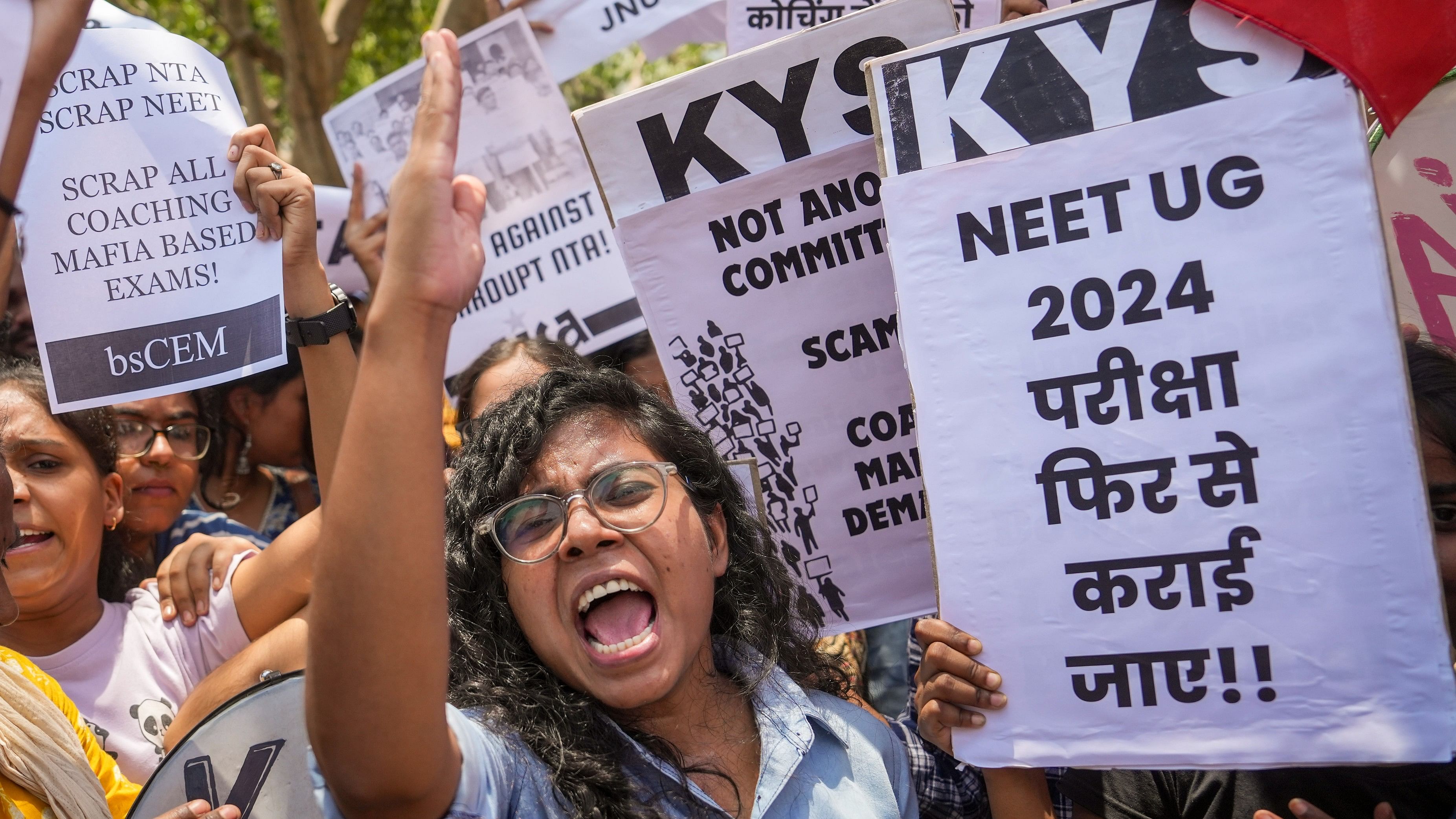 <div class="paragraphs"><p>Members of various student organisations stage a protest against the alleged irregularities in the NEET-UG 2024 entrance exam result, in New Delhi, Monday, June 10, 2024.</p></div>