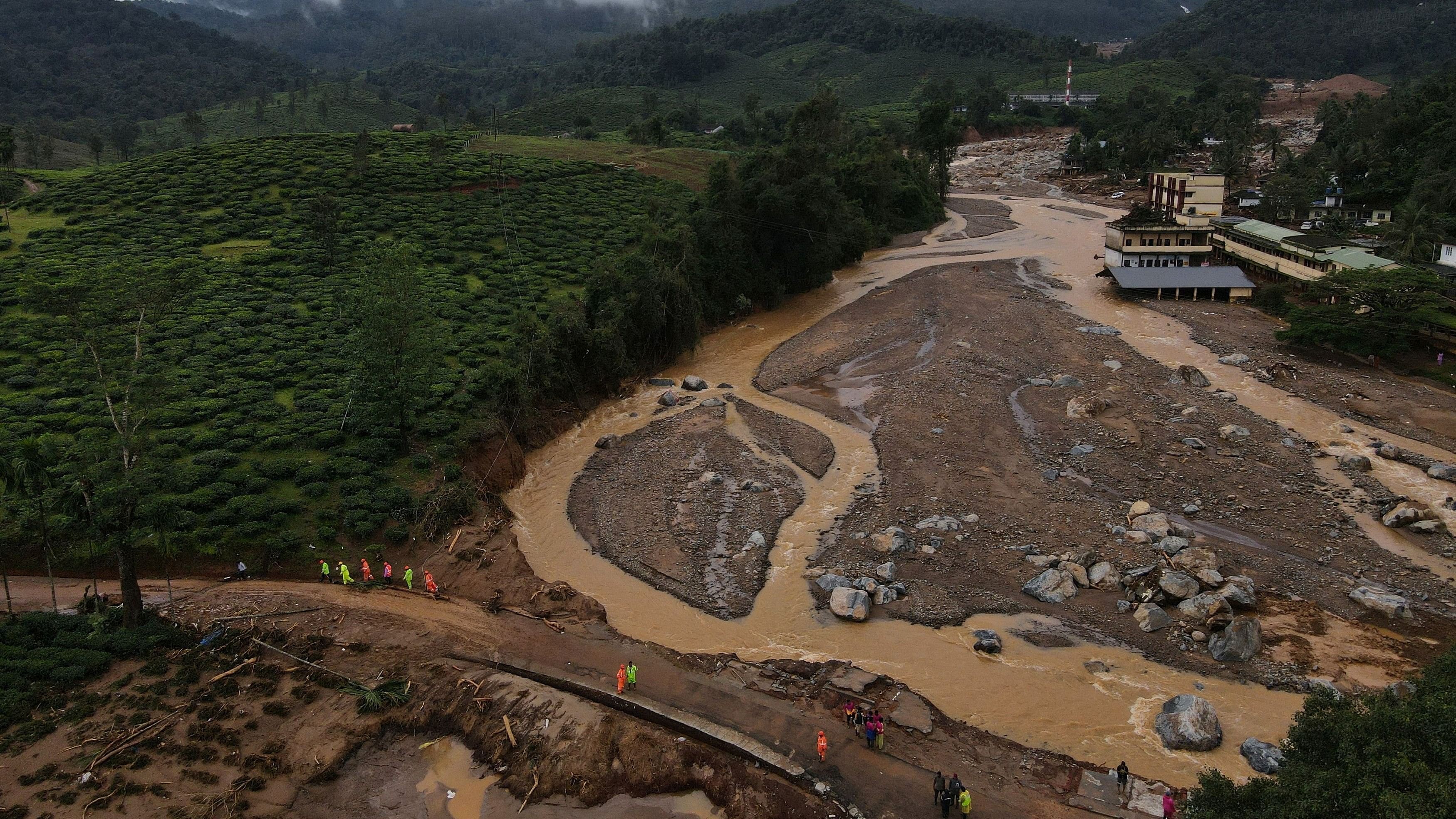 <div class="paragraphs"><p>A drone view shows a landslide site after multiple landslides in the hills in Wayanad district, in Kerala, July 31, 2024. </p></div>