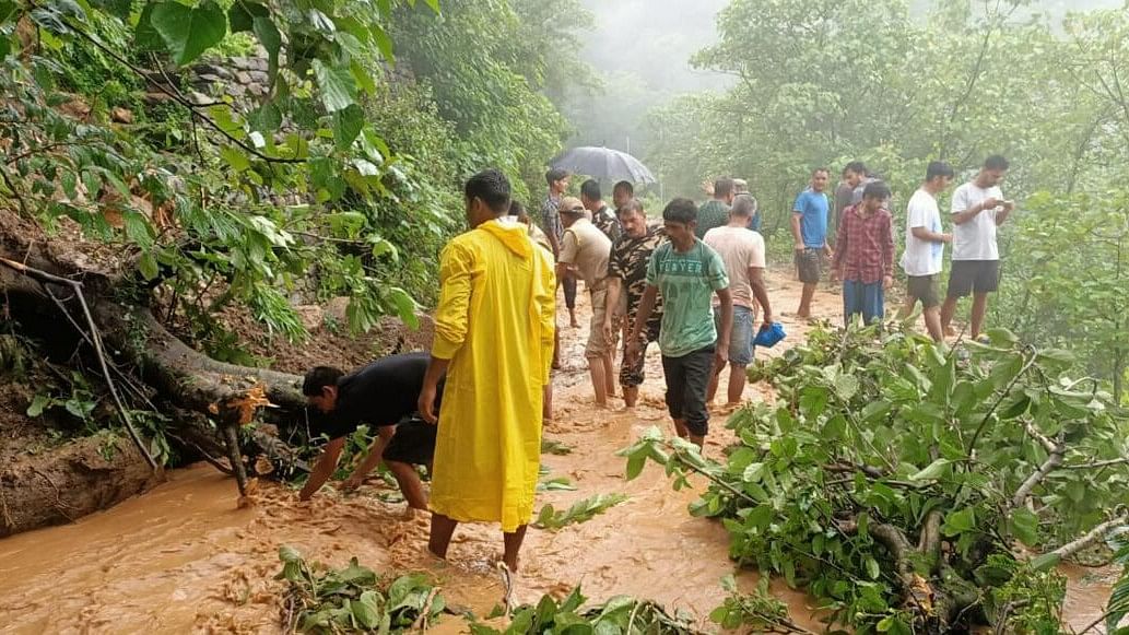 <div class="paragraphs"><p>Uprooted trees being removed from a waterlogged area after it collapsed due to heavy rain, in Pithoragarh district, Wednesday, July 31, 2024.</p></div>