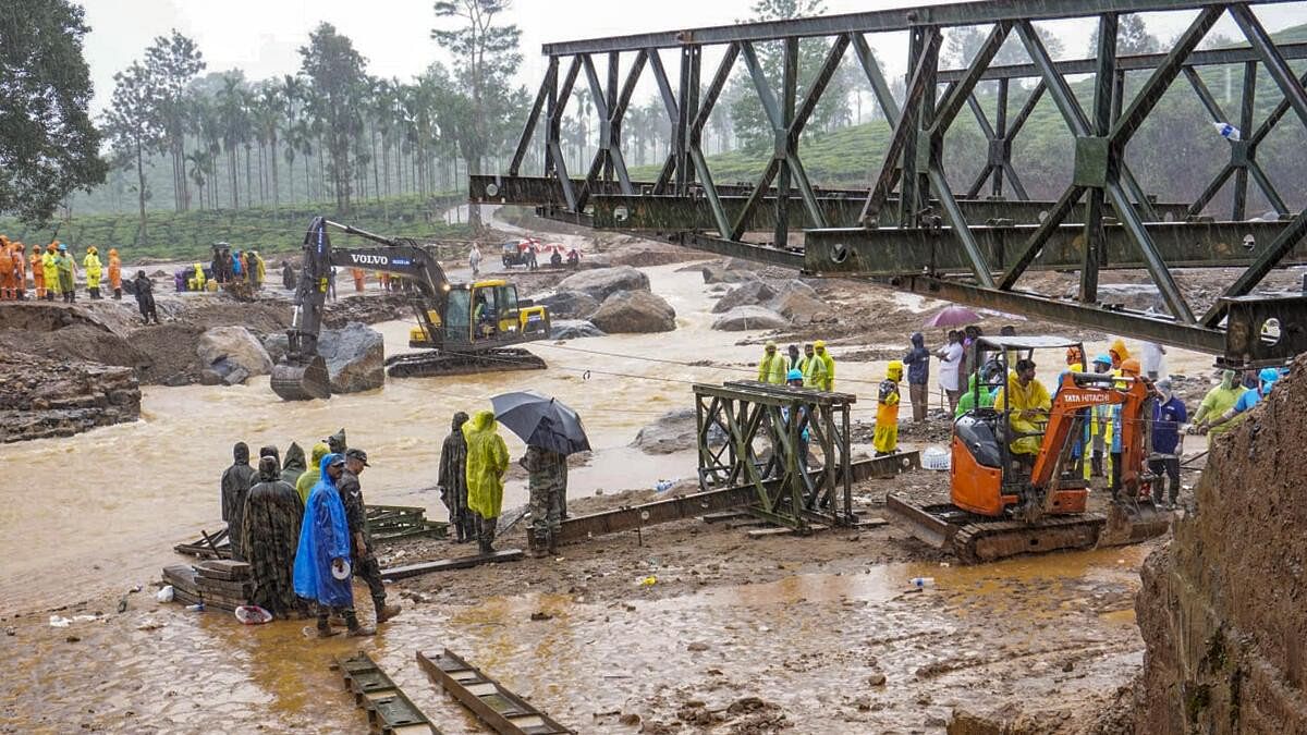 <div class="paragraphs"><p>A Bailey bridge being constructed after landslides triggered by heavy rain at Chooralmala, in Wayanad district.</p></div>