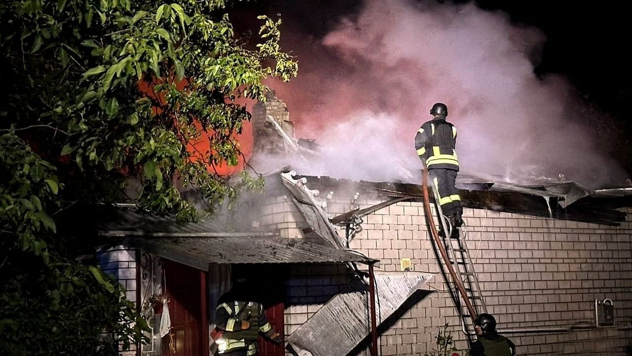 <div class="paragraphs"><p>Firefighters work at a site of a residential building damaged during a Russian drone strike, amid Russia's attack on Ukraine in Kyiv region, Ukraine on July 31, 2024.  </p></div>