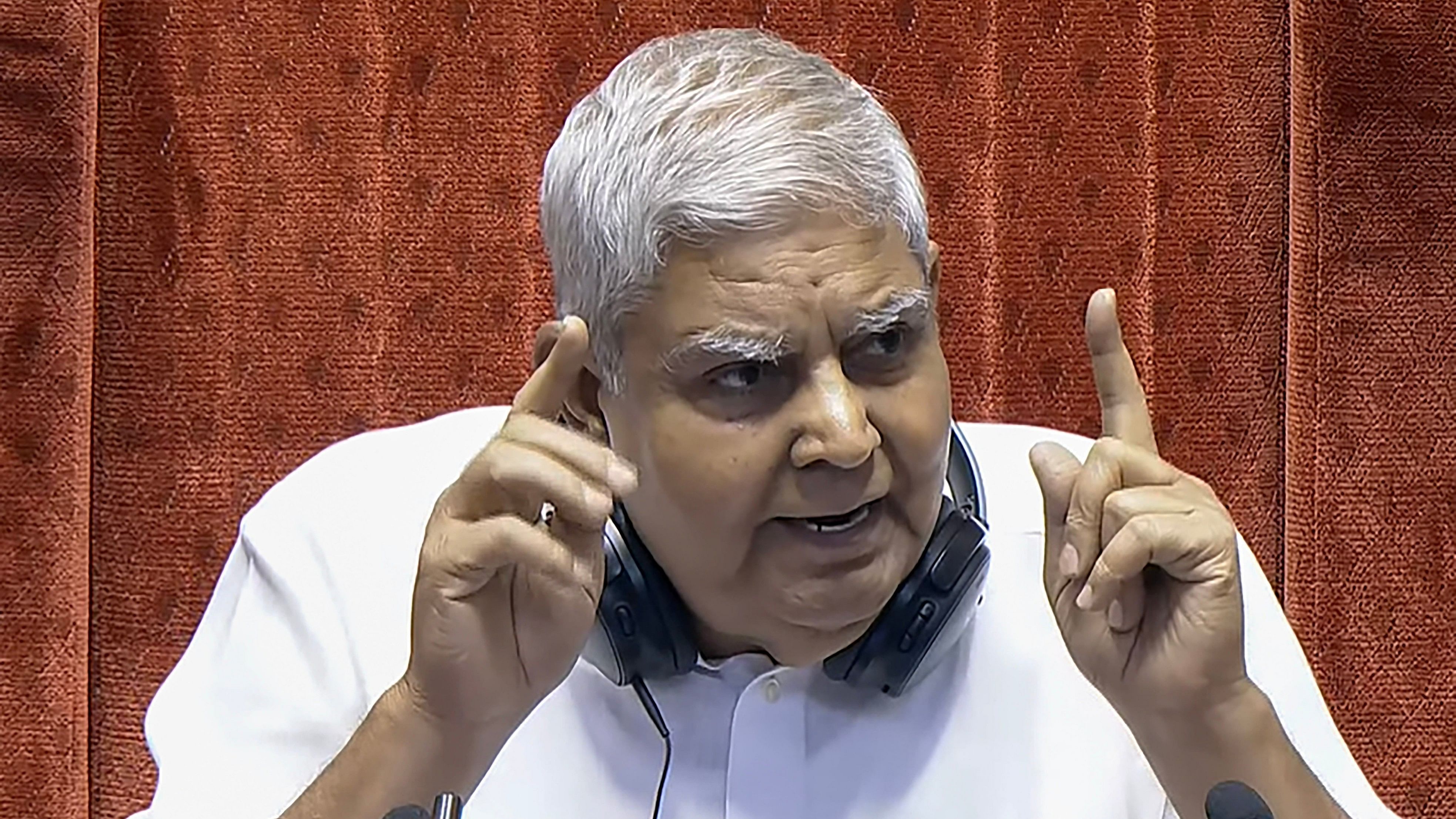 <div class="paragraphs"><p>Rajya Sabha Chairman Jagdeep Dhankhar conducts proceedings in the House during the Monsoon session of Parliament, in New Delhi, Wednesday, July 31, 2024. </p></div>