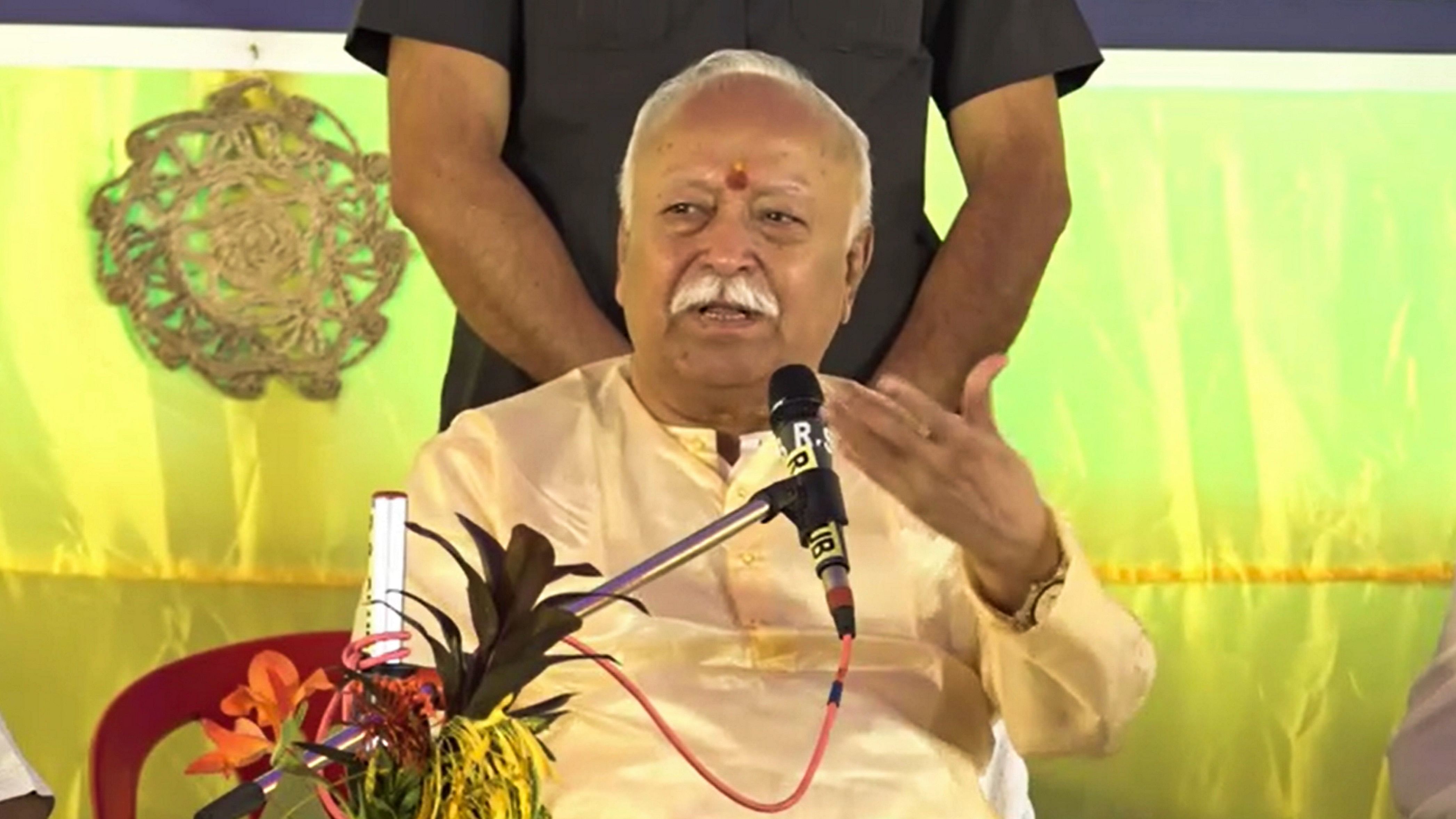 <div class="paragraphs"><p>RSS Chief Mohan Bhagwat speaks at a village level workers interaction programme, at Bishunpur in Gumla district of Jharkhand, Thursday.</p></div>