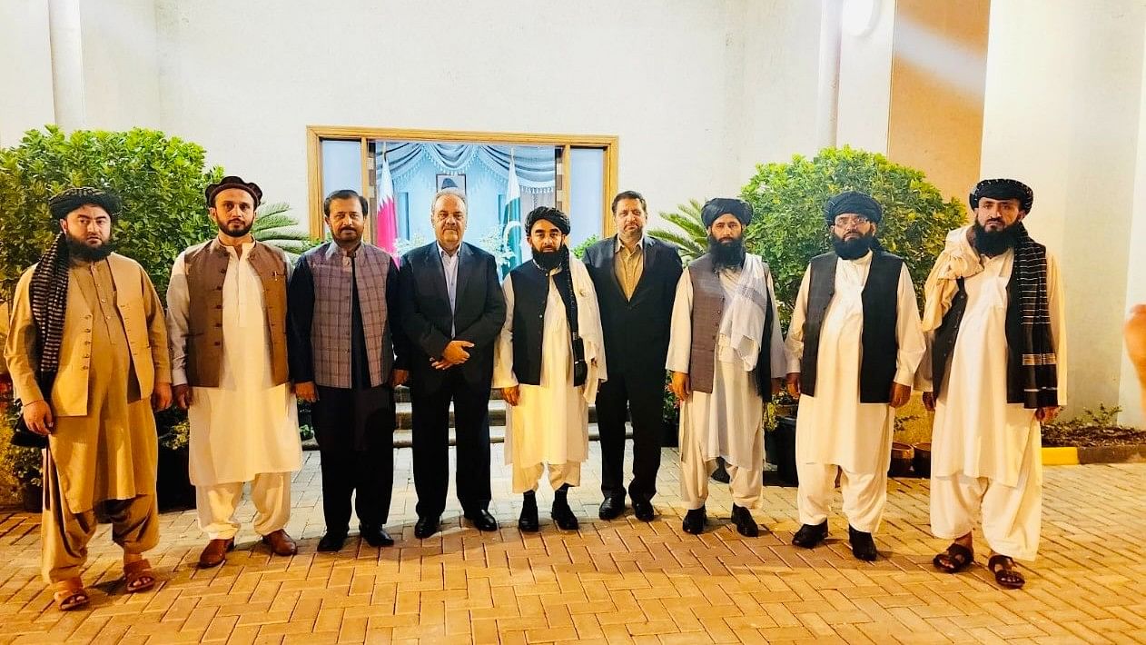 <div class="paragraphs"><p>Pakistan’s Special Representative in Afghanistan&nbsp;Asif Durrani (4th from left) during a meeting with&nbsp;Zabihullah Mujahid (5th from leaft), chief Taliban government spokesman, along with other officials.</p></div>