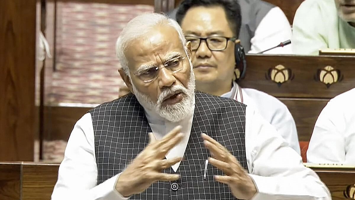 <div class="paragraphs"><p>Prime Minister Narendra Modi replies to the Motion of Thanks on the President's Address in the Rajya Sabha during the ongoing Parliament session, in New Delhi.</p></div>