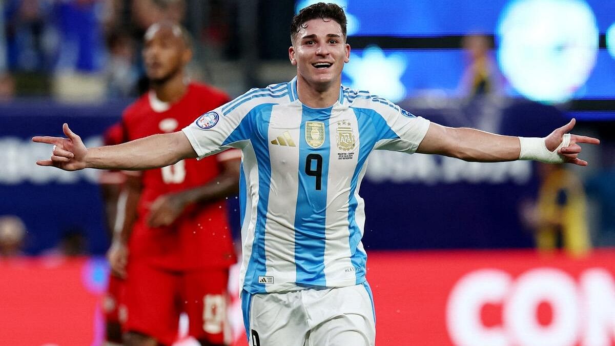 <div class="paragraphs"><p> Argentina's Julian Alvarez celebrates scoring their first goal against Canada in Copa America semi-final.</p></div>