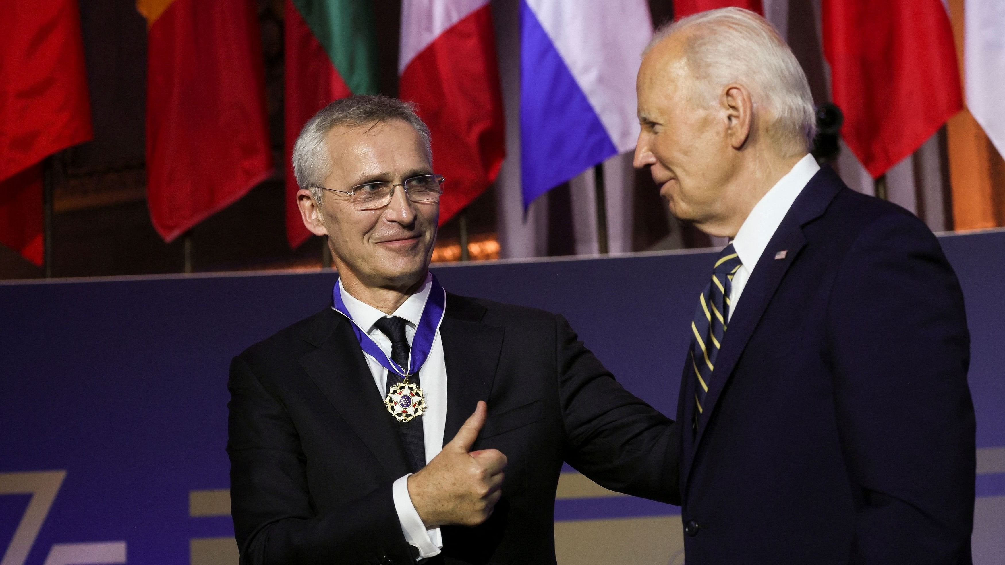 <div class="paragraphs"><p>US President Joe Biden awards NATO Secretary General Jens Stoltenberg with the Presidential Medal of Freedom at a NATO event to commemorate the 75th anniversary of the alliance, in Washington, U., July 9, 2024. </p></div>