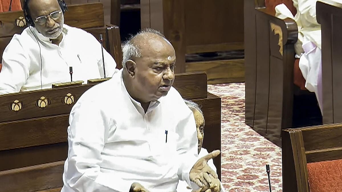 <div class="paragraphs"><p>JD(S) MP H D Deve Gowda speaks in Rajya Sabha.</p></div>