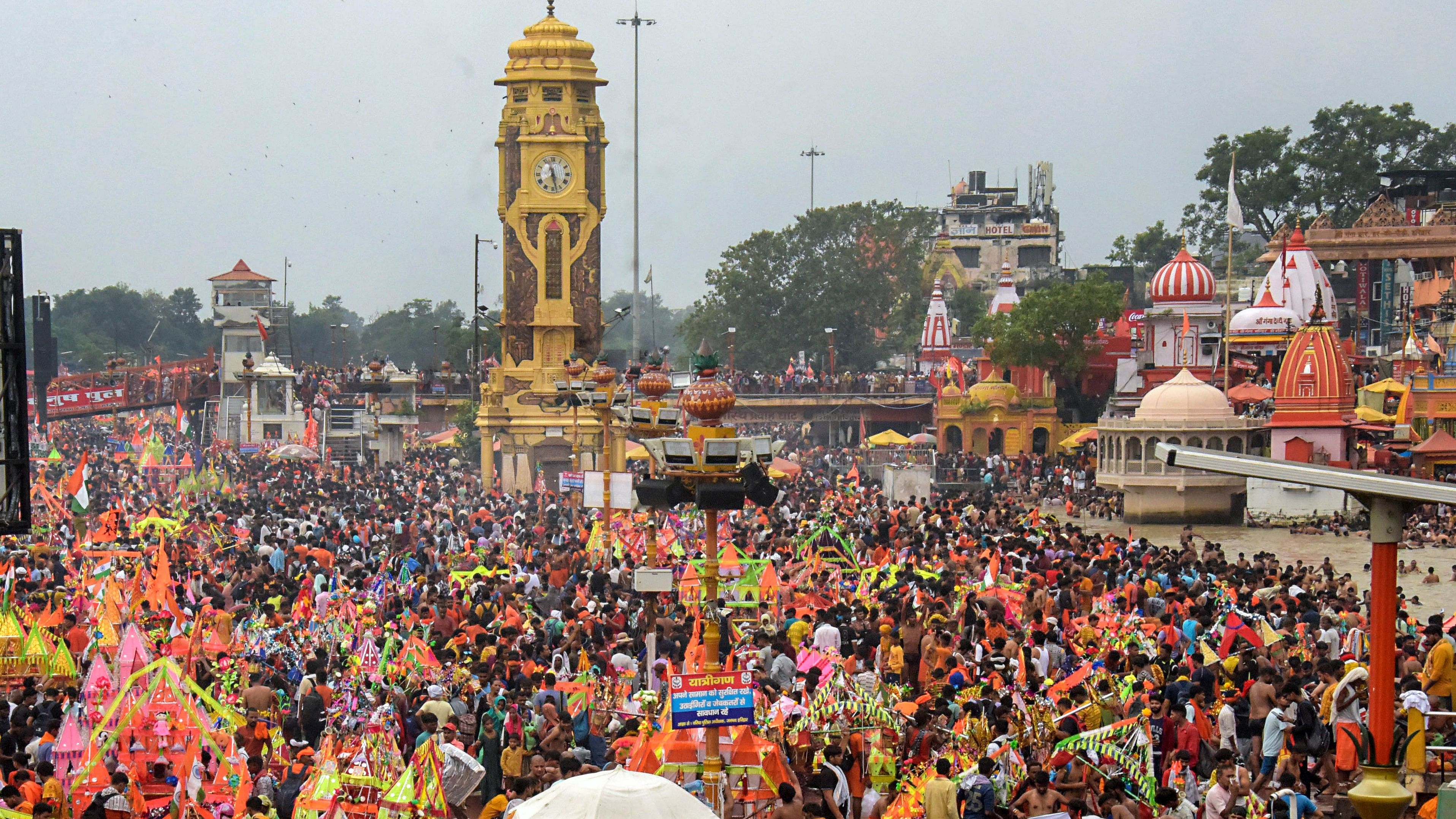 <div class="paragraphs"><p>Kanwariyas gather to collect holy water from the Ganga river for 'Kanwar Yatra' pilgrimage during the holy month of 'Shravan', at Har Ki Pauri Ghat in Haridwar, Monday, July 10, 2023.</p></div>