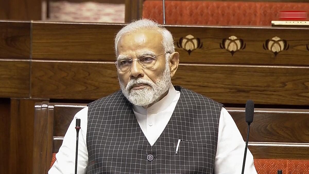 <div class="paragraphs"><p>Prime Minister Narendra Modi replies to the Motion of Thanks on the President's Address in the Rajya Sabha during the ongoing Parliament session, in New Delhi, Wednesday, July 3, 2024.</p></div>