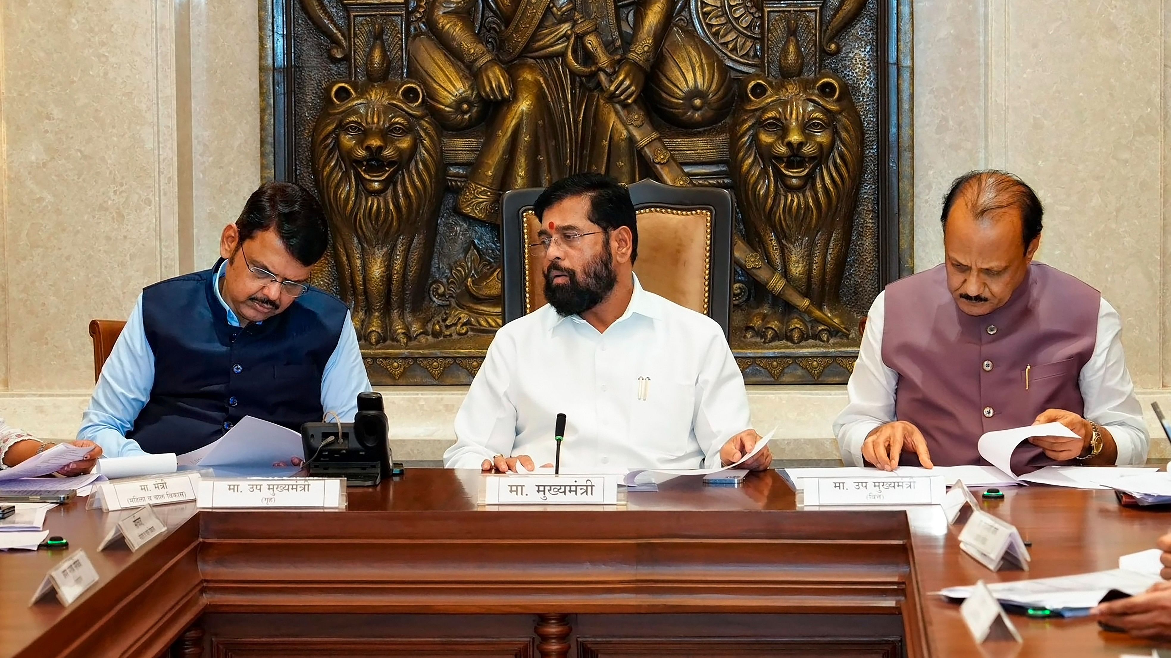 <div class="paragraphs"><p>Maharashtra Chief Minister Eknath Shinde, Dy CMs Devendra Fadnavis and Ajit Pawar during a meeting.</p></div>