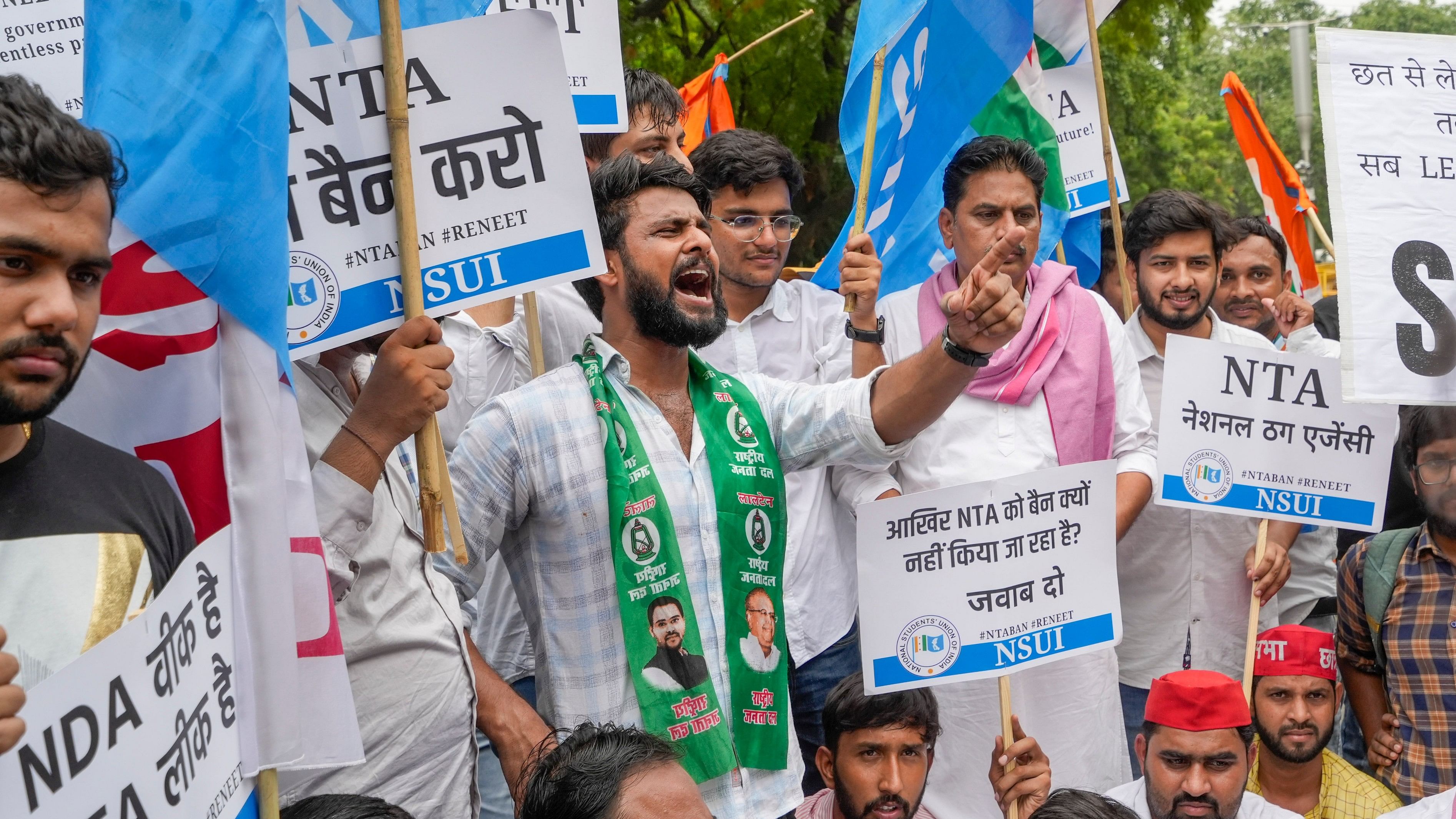 <div class="paragraphs"><p>Members of various student organisations stage a protest against the National Testing Agency (NTA) over the alleged irregularities in NEET-UG exams 2024 at Janter Manter in New Delhi,.</p></div>