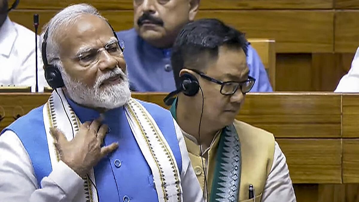 <div class="paragraphs"><p>Prime Minister Narendra Modi replies to the Motion of Thanks on the President's Address in the Lok Sabha during the ongoing Parliament session, in New Delhi, Tuesday, July 2, 2024.</p></div>
