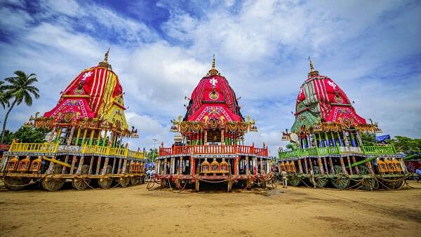 <div class="paragraphs"><p>Chariots of Lord Jagannath, Goddess Subhadra, and Lord Balabhadra during the return car festival of Lord Jagannath, known as the 'Bahuda Yatra, in Puri</p></div>