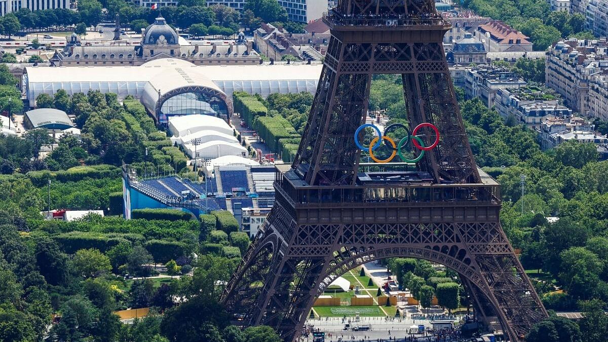 <div class="paragraphs"><p>An aerial view shows the Eiffel Tower with the Olympic rings</p></div>