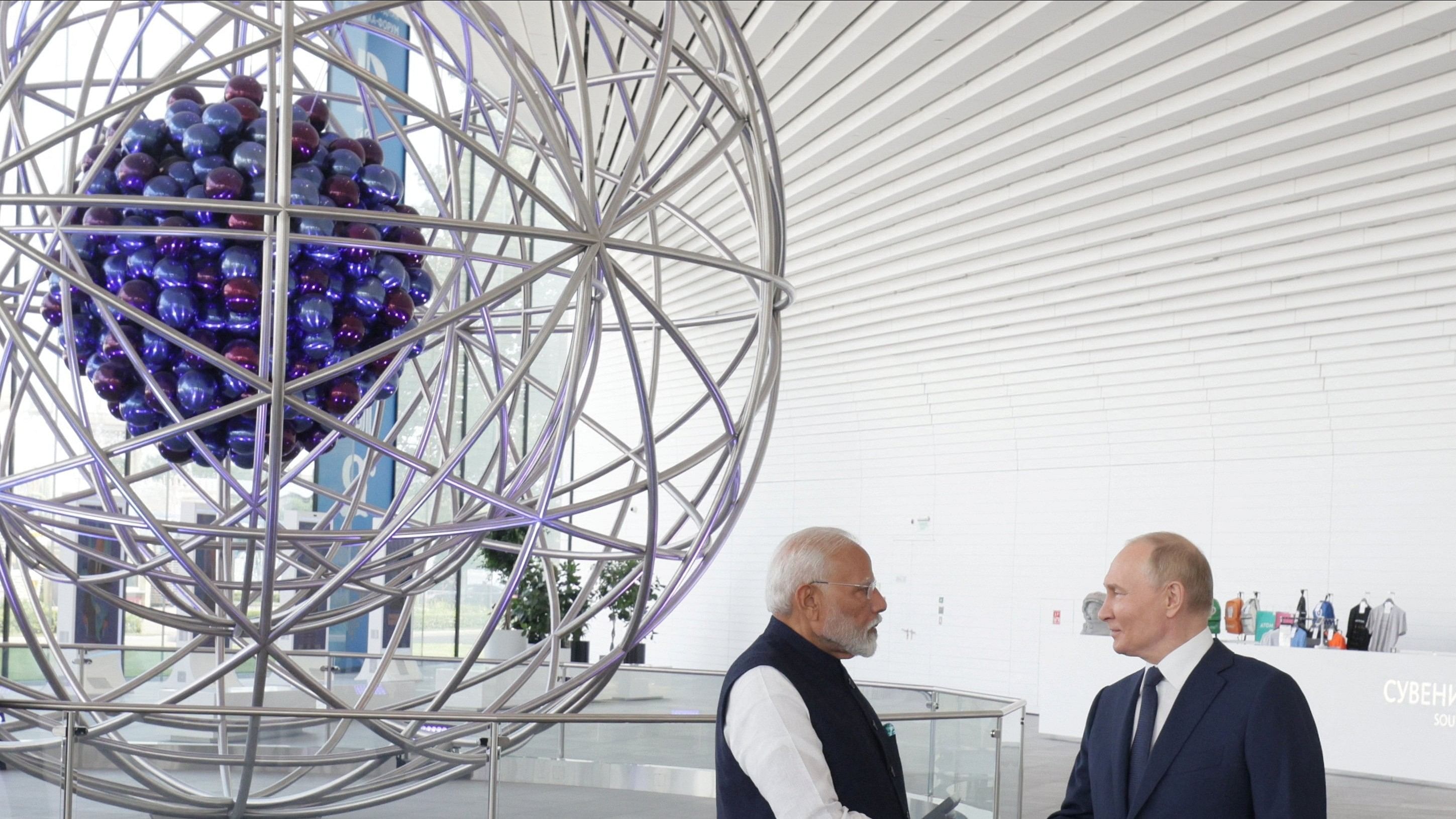 <div class="paragraphs"><p>Russia's President Vladimir Putin and India's Prime Minister Narendra Modi visit the Atom pavilion at the Exhibition of Achievements of National Economy  in Moscow, Russia July 9, 2024. </p></div>