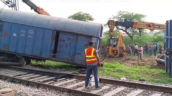 <div class="paragraphs"><p>Restoration work underway after a goods train derailed, near Alwar, Sunday, July 21, 2024.</p></div>