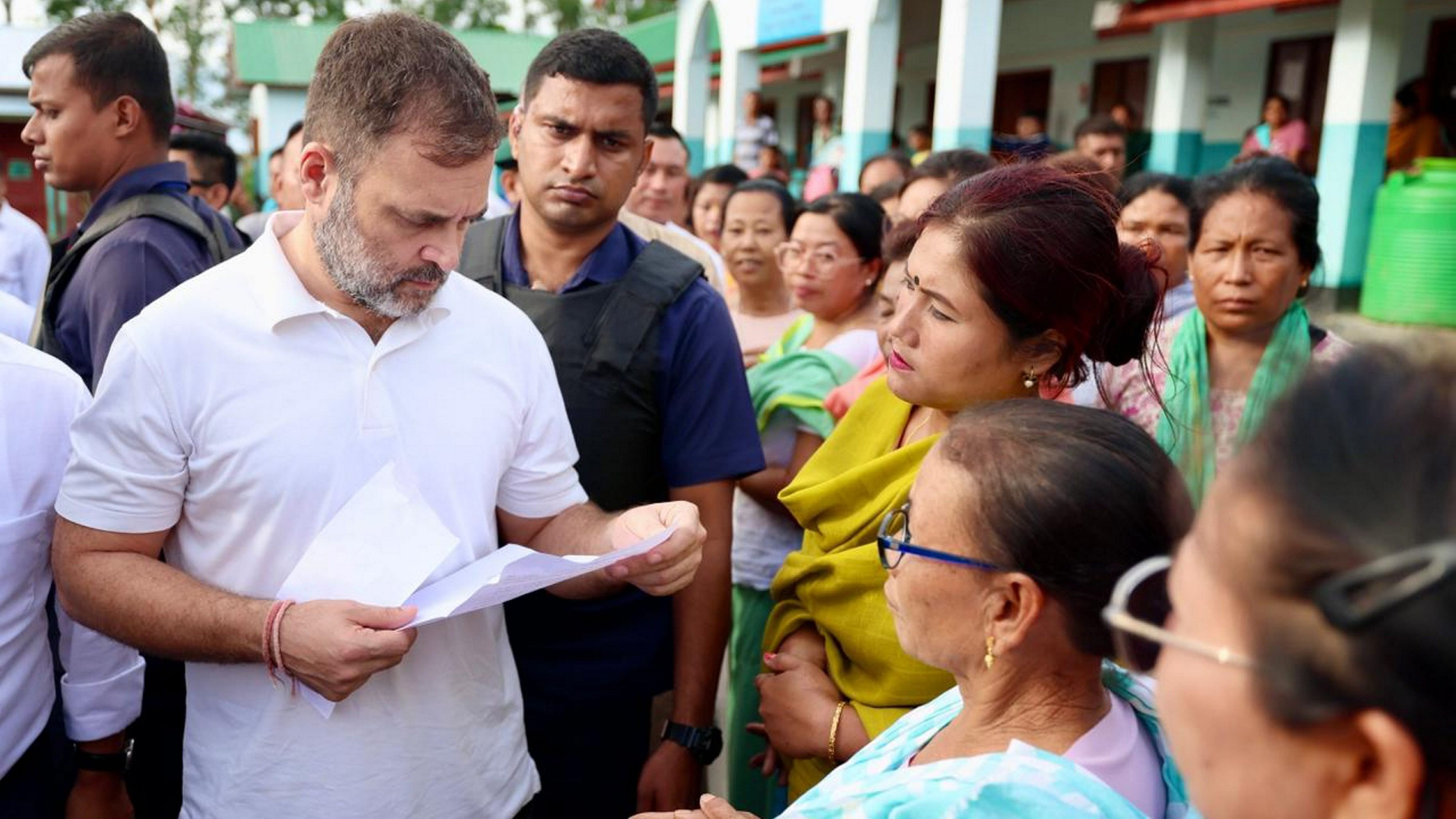 <div class="paragraphs"><p>Congress MP Rahul Gandhi meets victims of the Manipur violence during his visit to a relief camp, in Moirang, Monday.</p></div>