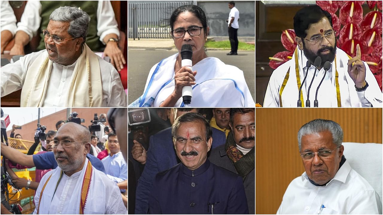 <div class="paragraphs"><p>(From left clockwise) Karnataka CM Siddaramaiah, Bengal CM Mamata Banerjee, Maharashtra's Eknath Shinde, Kerala CM Pinarayi Vijayan, Himachal CM Sukhvinder Singh Sukhu and Manipur's N Biren Singh.&nbsp;</p></div>