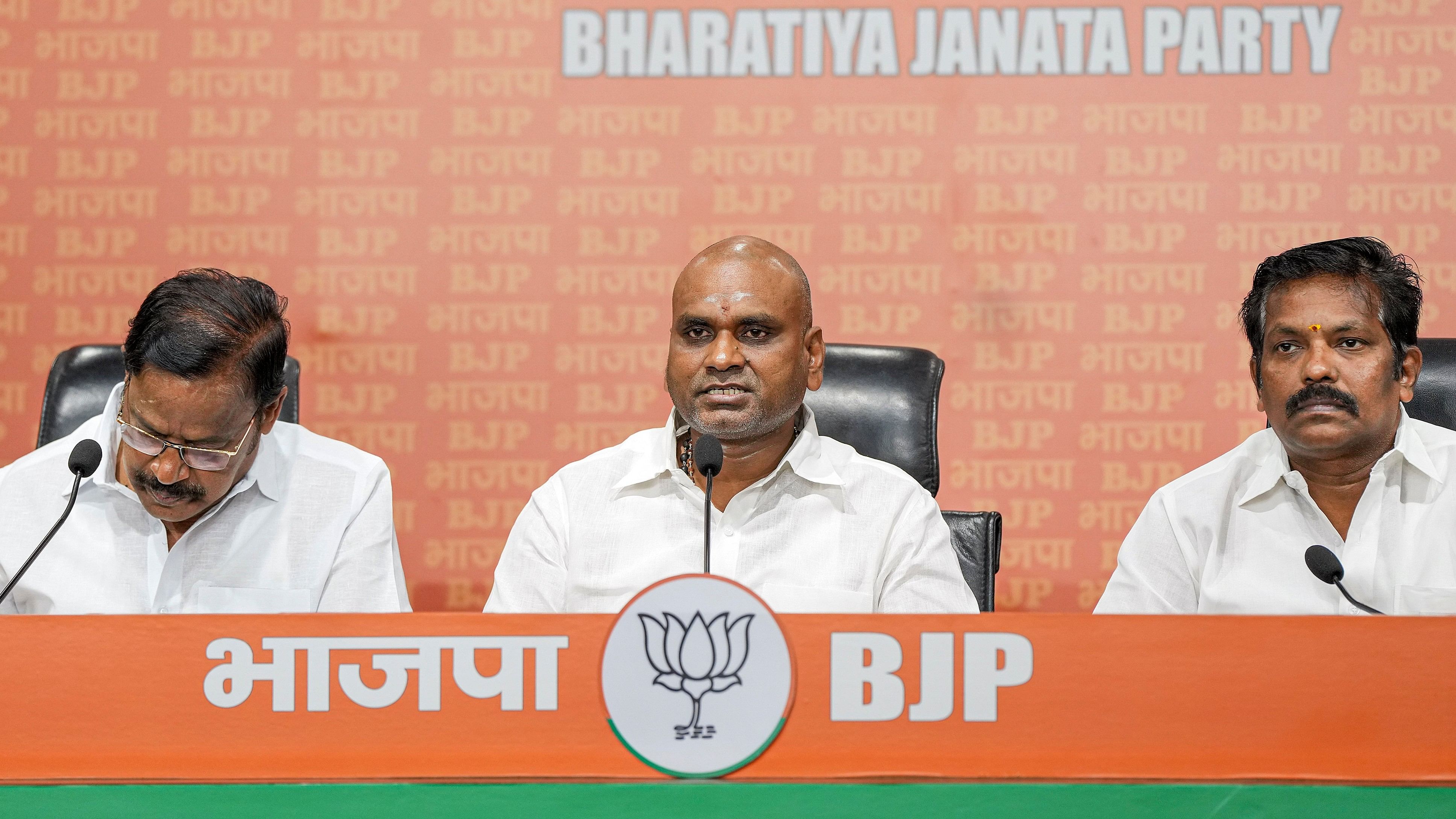 <div class="paragraphs"><p>Union Minister of State L Murugan (centre) and Tamil Nadu BJP Vice President V P Duraisamy (left) jointly address a press conference at BJP Headquarters, in New Delhi, Tuesday, July 9, 2024. </p></div>