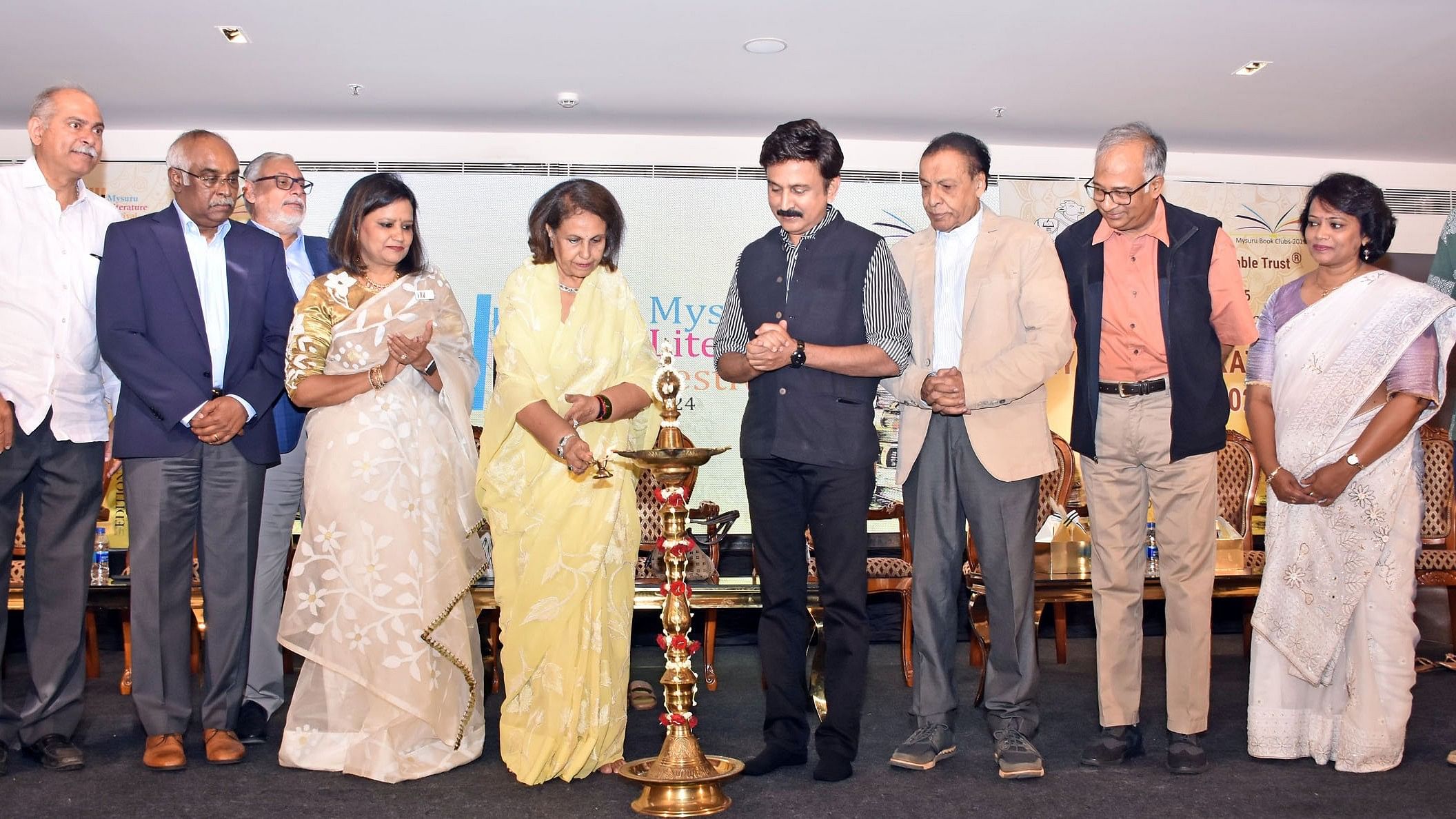 <div class="paragraphs"><p>Member of erstwhile Mysore royal family Pramoda Devi Wadiyar inaugurates the eighth edition of Mysuru Literature Festival in Mysuru on Saturday. Actor Ramesh Aravind, environmentalist Suresh Heblikar, entrepreneur Aroon Raman, chairperson of Mysuru Literary Forum Charitable Trust (MLFCT) and Mysuru Lit Fest Shubha Sanjay Urs, MLFCT vice-president Sam Cherian and joint secretary C R Hanumanth are seen. </p></div>