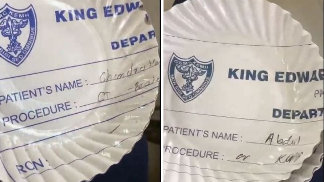 <div class="paragraphs"><p>Screengrabs from video showing paper plates made from folders of patients' reports from&nbsp;King Edward Memorial (KEM) Hospital.</p></div>