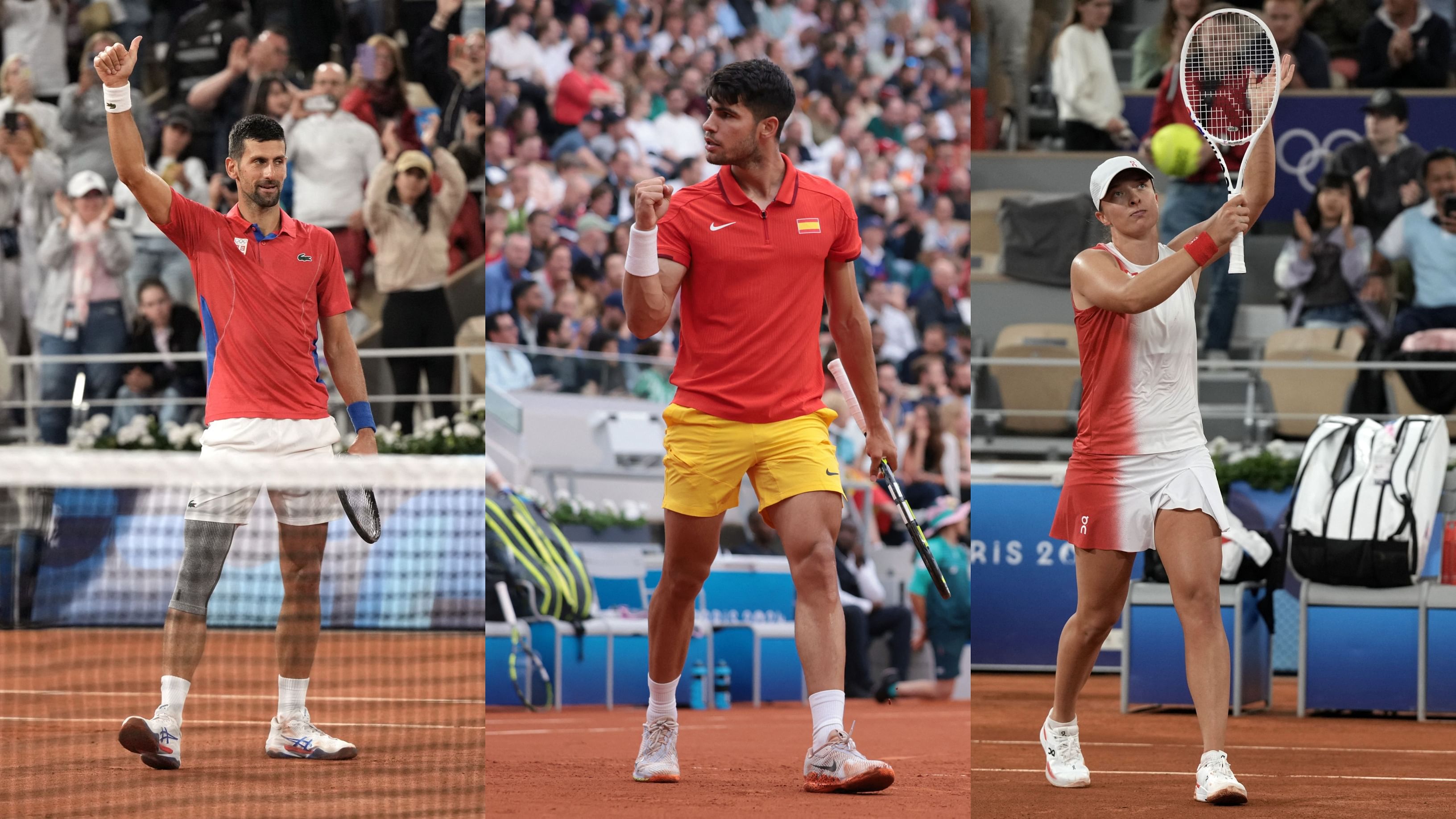 <div class="paragraphs"><p>Novak Djokovic (L), Carlos Alcaraz (C), and Iga Swiatek (R) in during their matches in the 2024 Paris Olympics, July 27, 2024.</p></div>