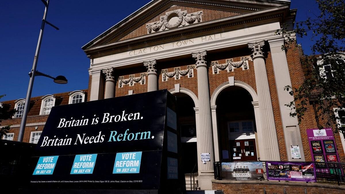 <div class="paragraphs"><p>A Reform UK party message is seen on a sign outside a polling station after voting during the general election in Clacton-on-Sea, Britain.</p></div>