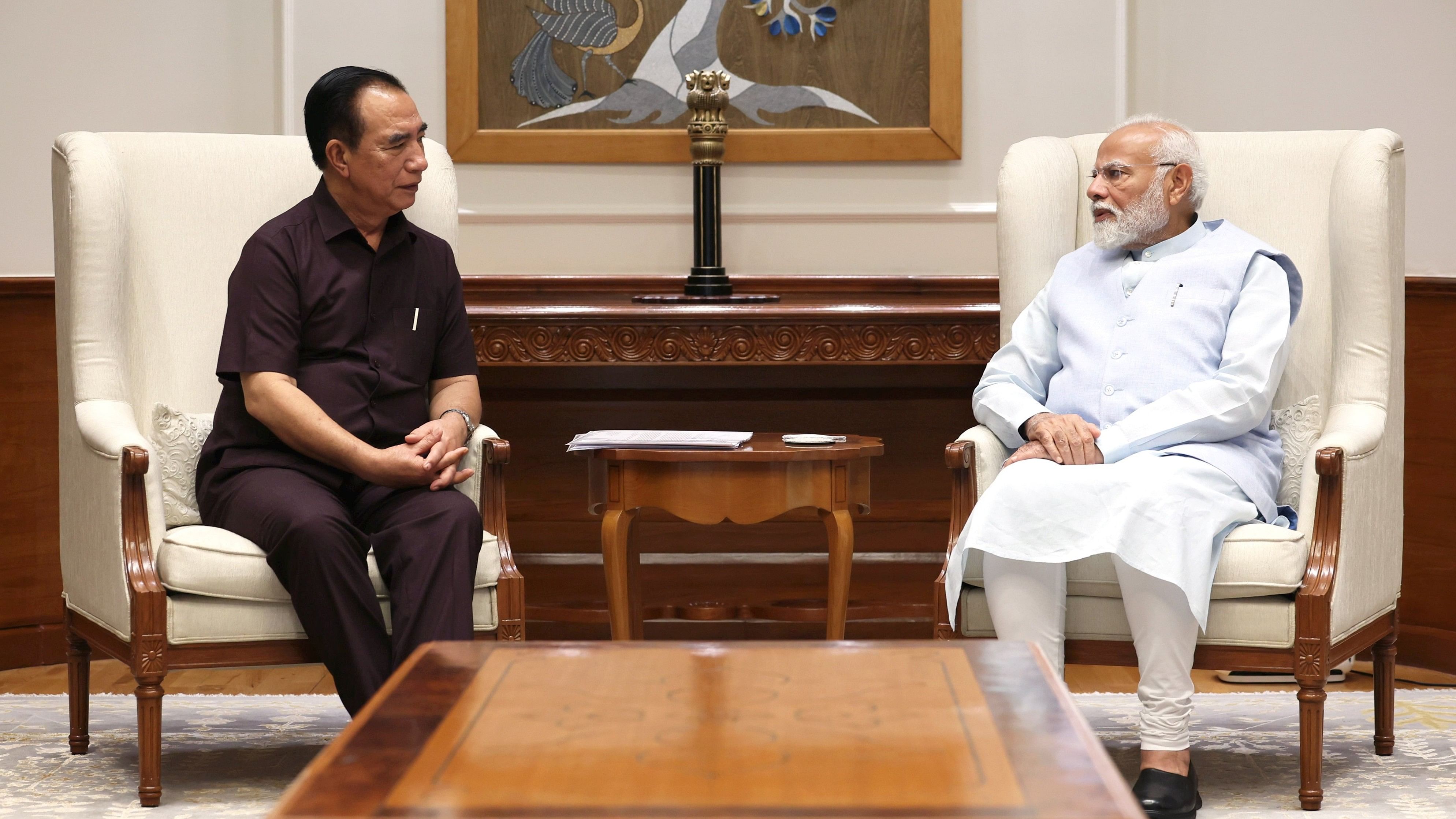 <div class="paragraphs"><p>Prime Minister Narendra Modi with Mizoram Chief Minister Lalduhoma during a meeting, in New Delhi.&nbsp;</p></div>