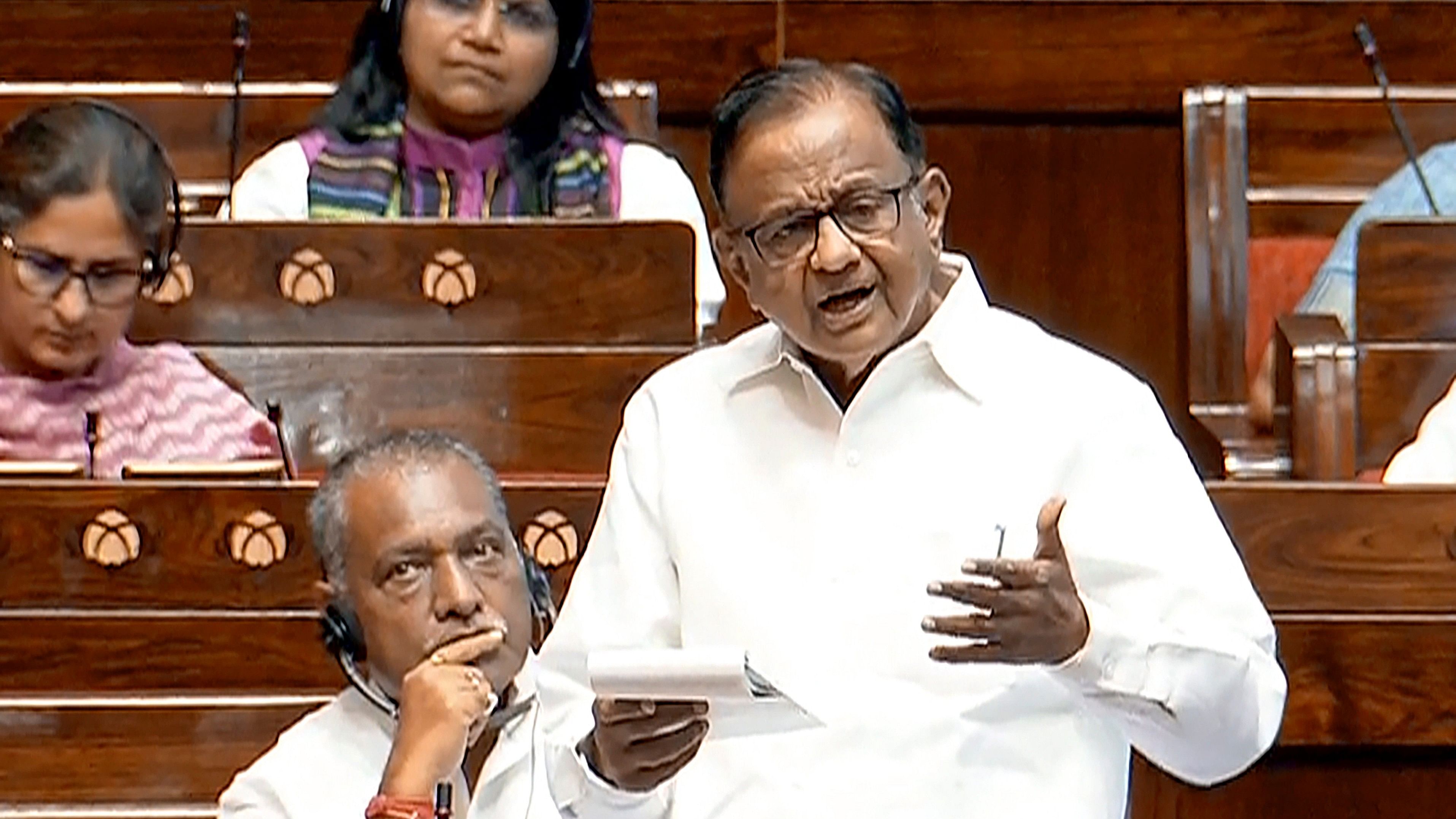 <div class="paragraphs"><p> Congress MP P Chidambaram speaks in the House during the Monsoon session of Parliament, in New Delhi, Wednesday, July 24, 2024. </p></div>