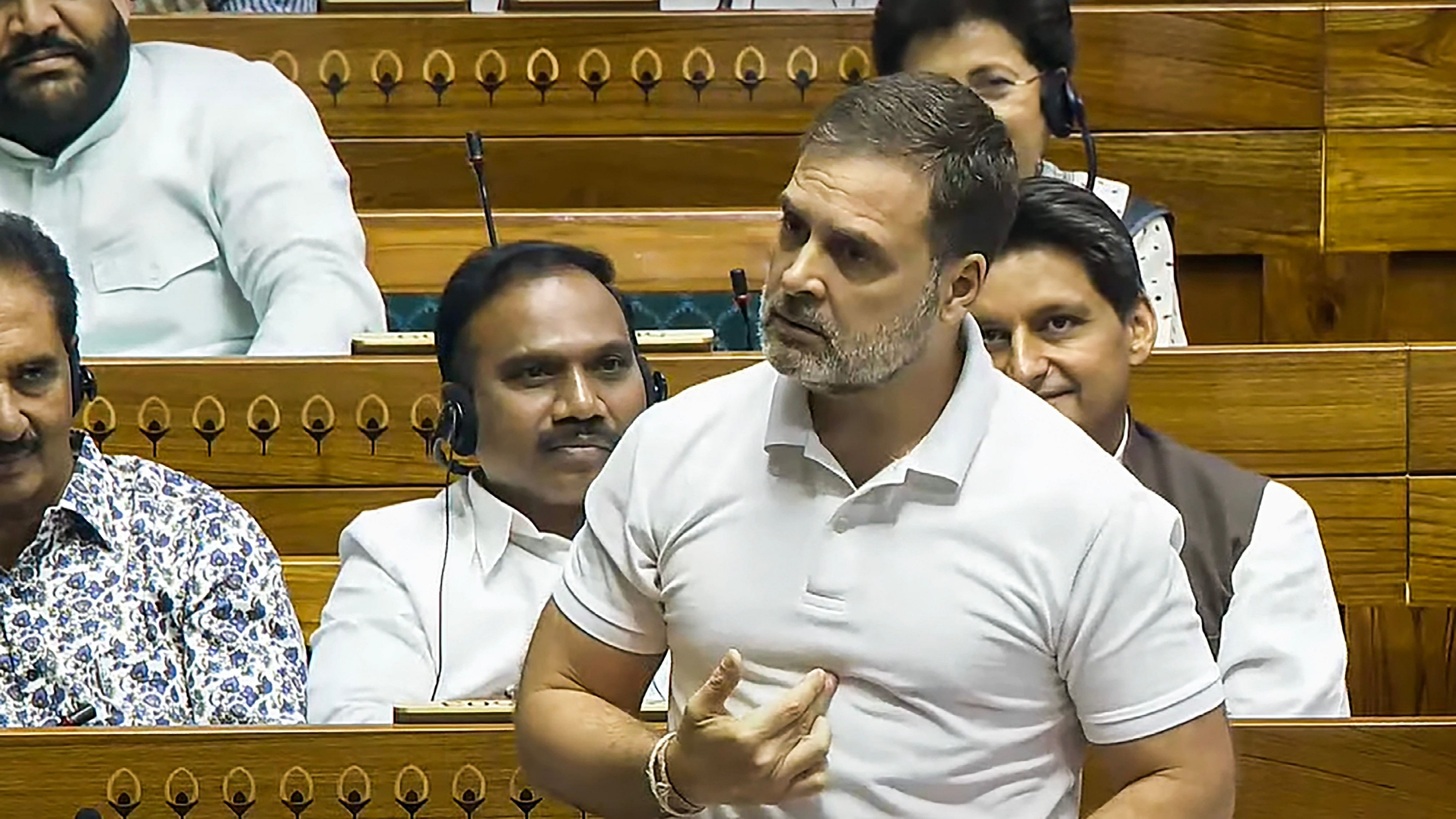 <div class="paragraphs"><p>Leader of Opposition in the Lok Sabha Rahul Gandhi speaks in the House during the Monsoon session of Parliament, in New Delhi.</p></div>