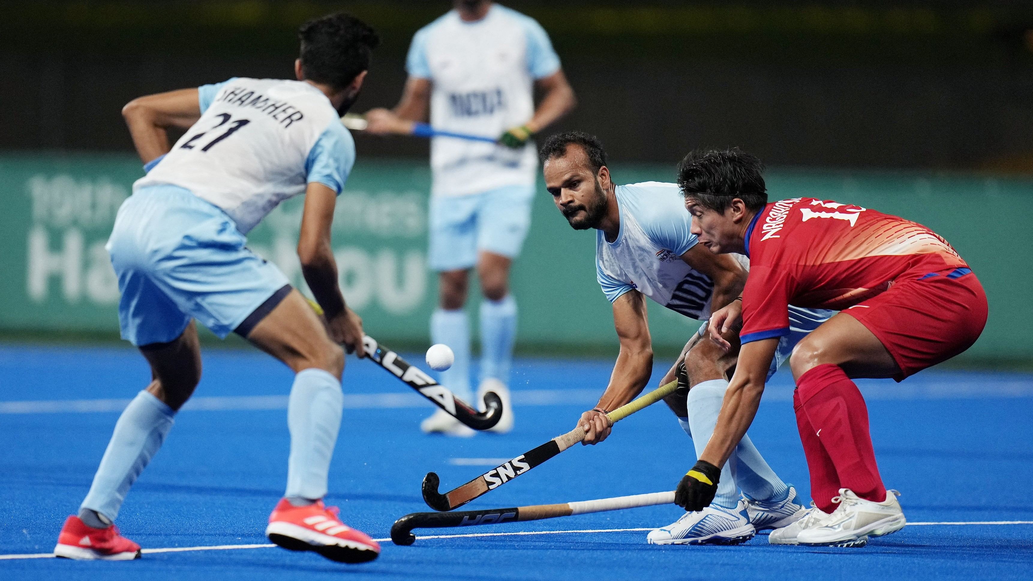 <div class="paragraphs"><p>India's Lalit Kumar Upadhyay and Shamsher Singh in action during a match.&nbsp;</p></div>