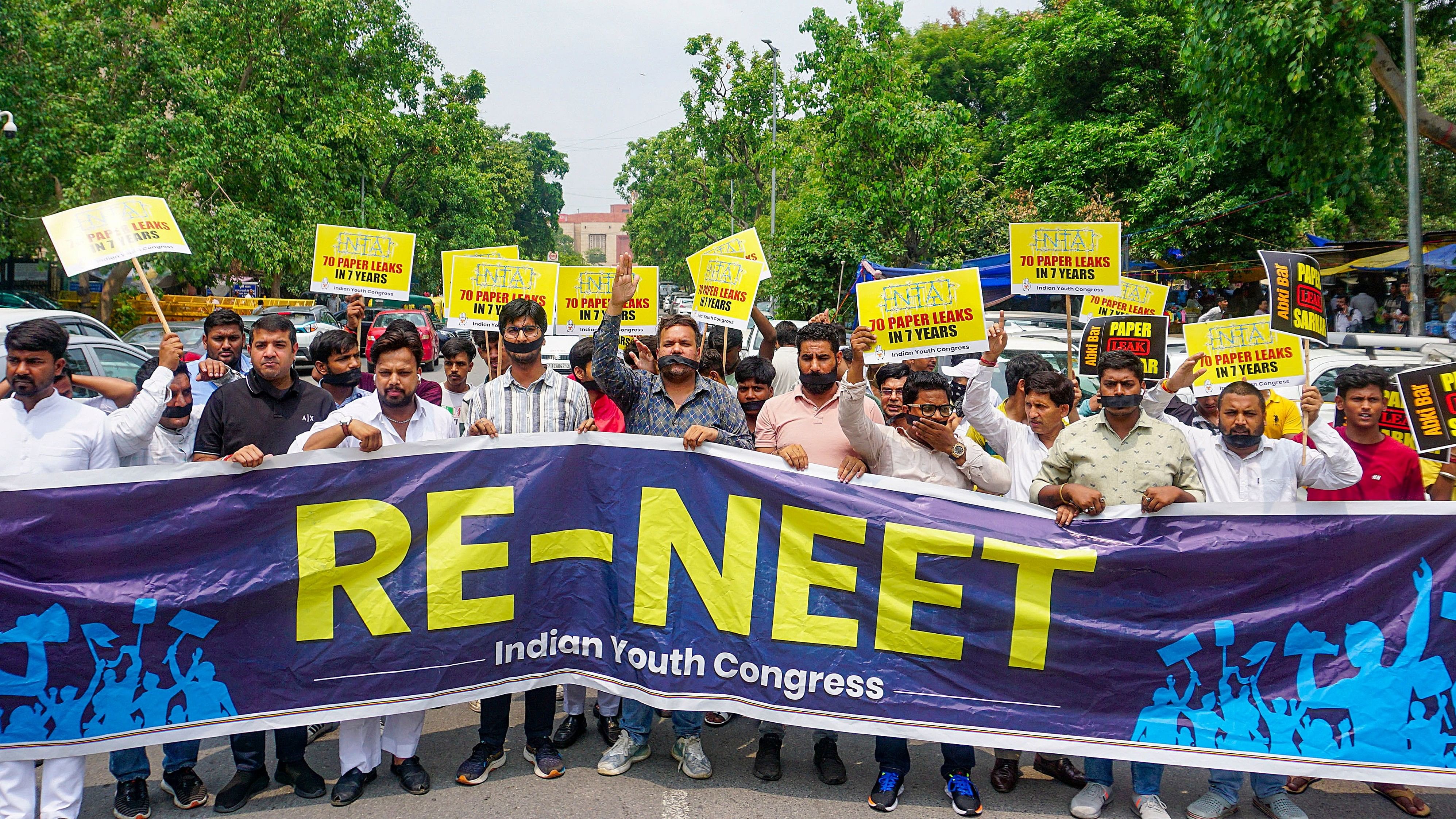 <div class="paragraphs"><p>Indian Youth Congress (IYC) activists stage a protest demanding re-conduct of the NEET exam, in New Delhi, Monday, July 22, 2024. </p></div>