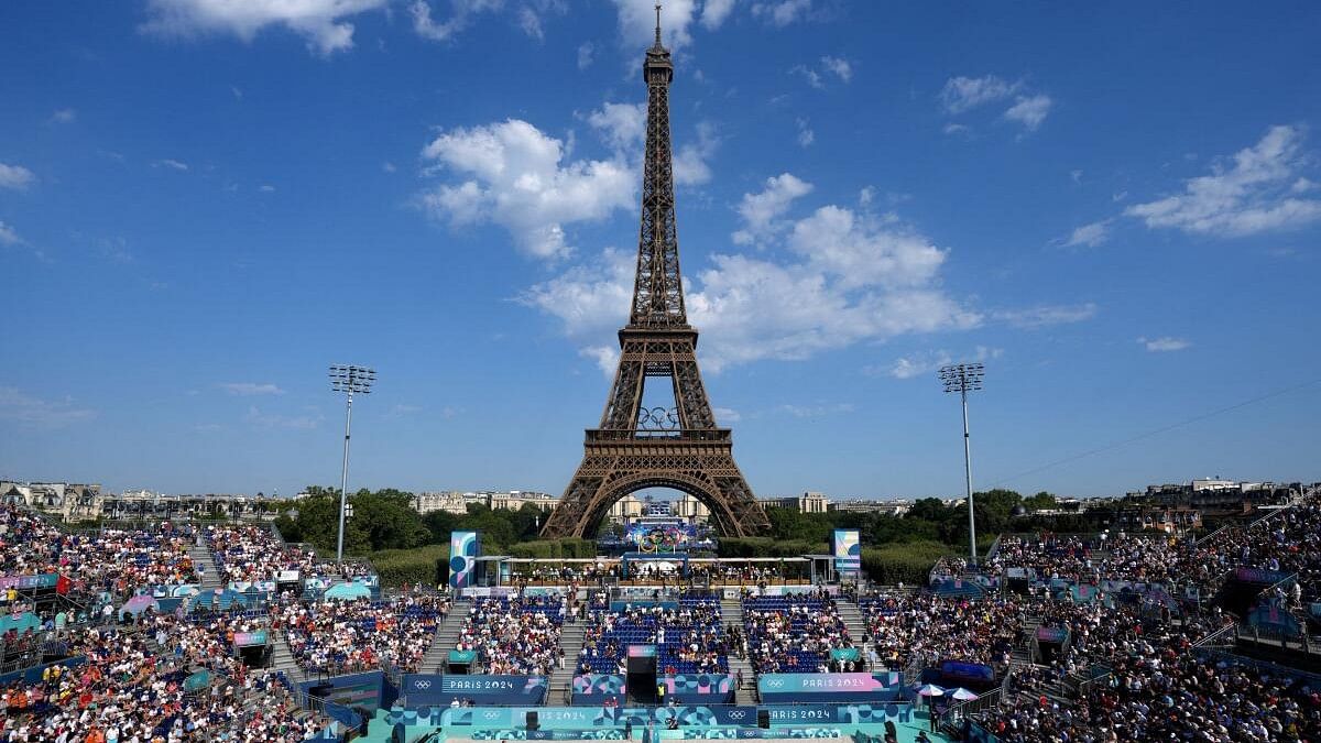 <div class="paragraphs"><p>General view of the Eiffel Tower Stadium showing the Eiffel Tower with the Olympic rings and spectators in the stands before the game.</p></div>