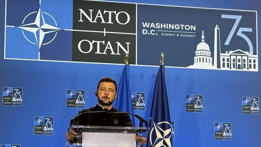 <div class="paragraphs"><p>Ukrainian President Volodymyr Zelenskky at a NATO summit.</p></div>