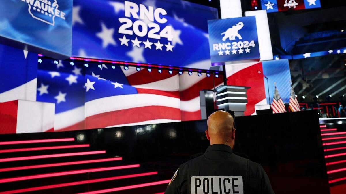 <div class="paragraphs"><p>A police officer stands on the floor ahead of the Republican National Convention in Milwaukee, Wisconsin, US.</p></div>