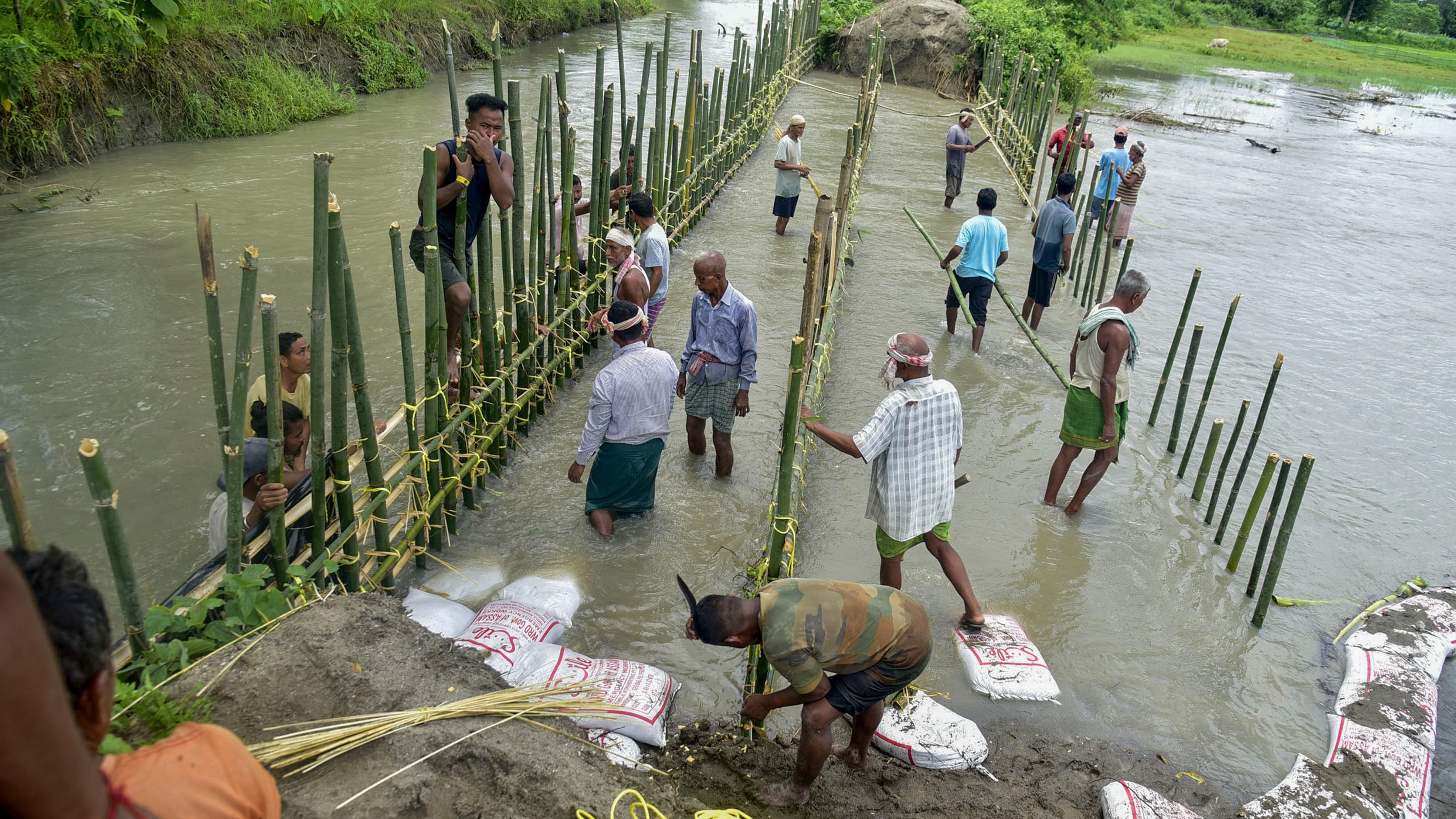 <div class="paragraphs"><p>Villagers repair the embankment breach caused due to floods following rains, in Baksa district of Assam </p></div>