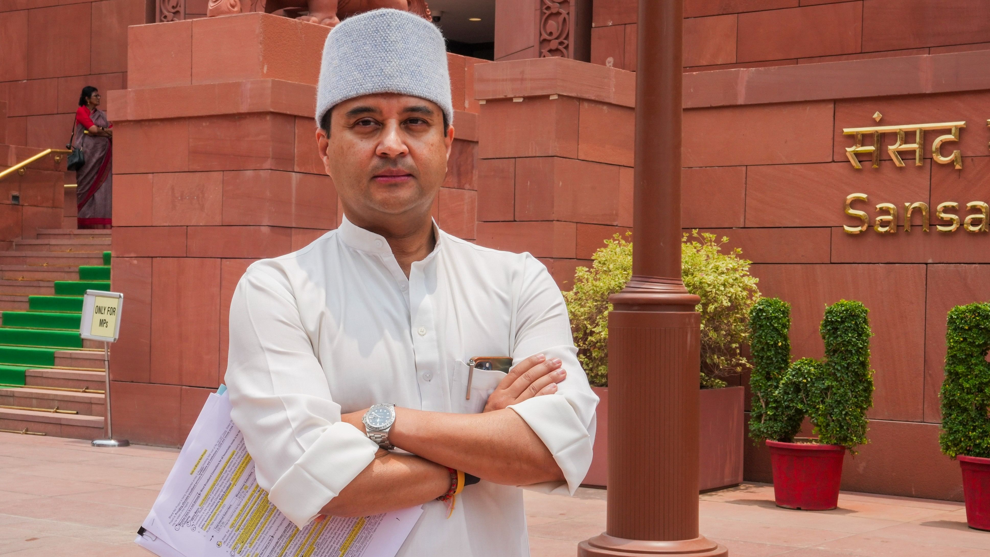 <div class="paragraphs"><p>Union Minister Jyotiraditya M. Scindia at the Parliament House complex.</p></div>