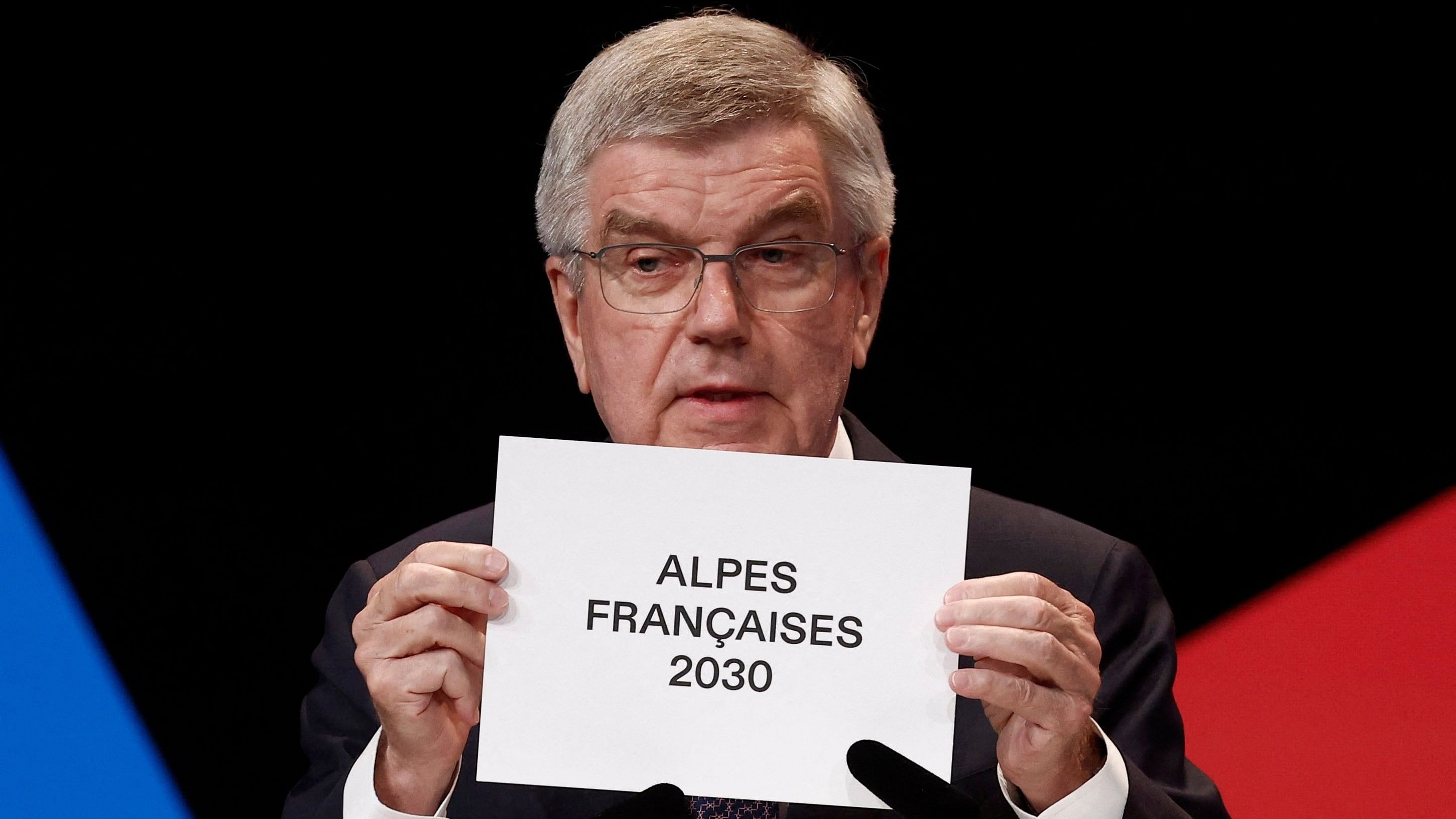 <div class="paragraphs"><p> International Olympic Committee President Thomas Bach announces the Alpes Francaises as the location for the Winter Olympics 2030 during the IOC Session.</p></div>